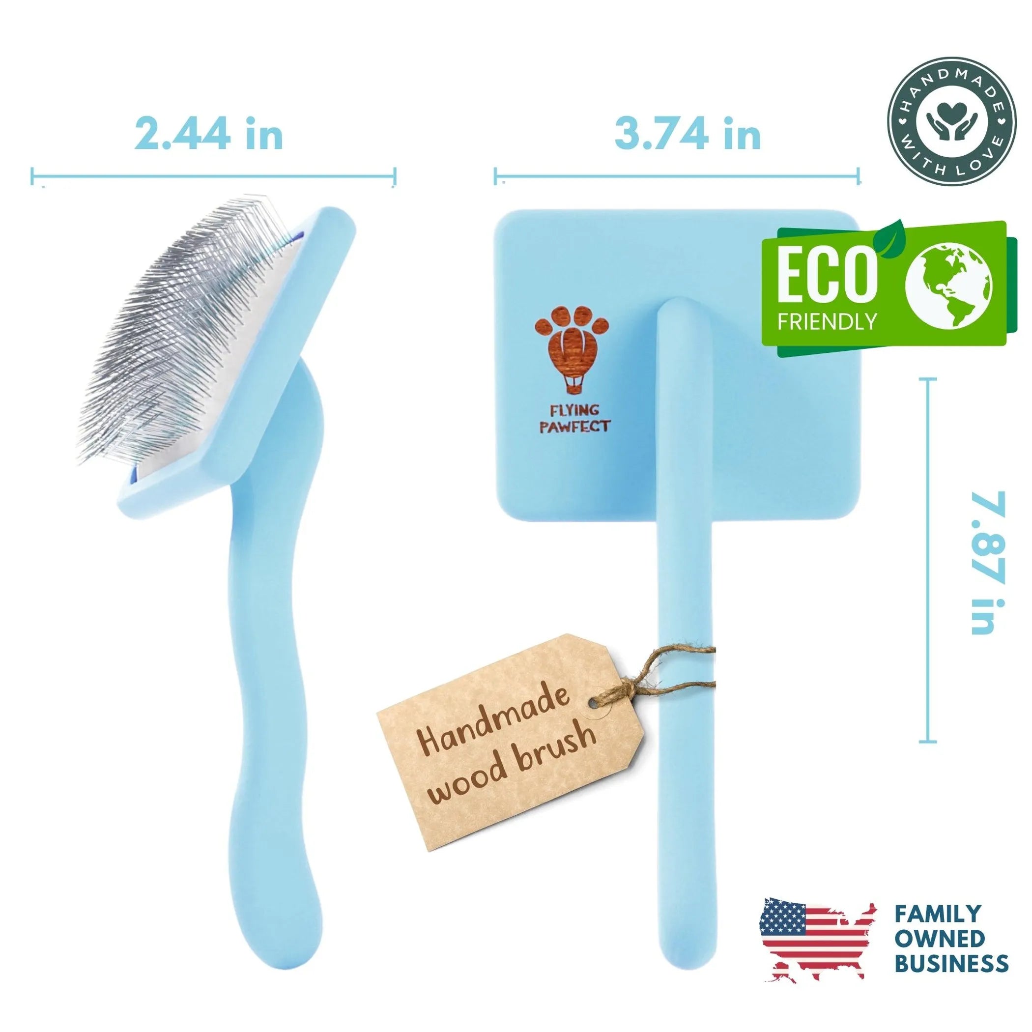 Blue pet grooming brush with measurements and eco-friendly label on a white background