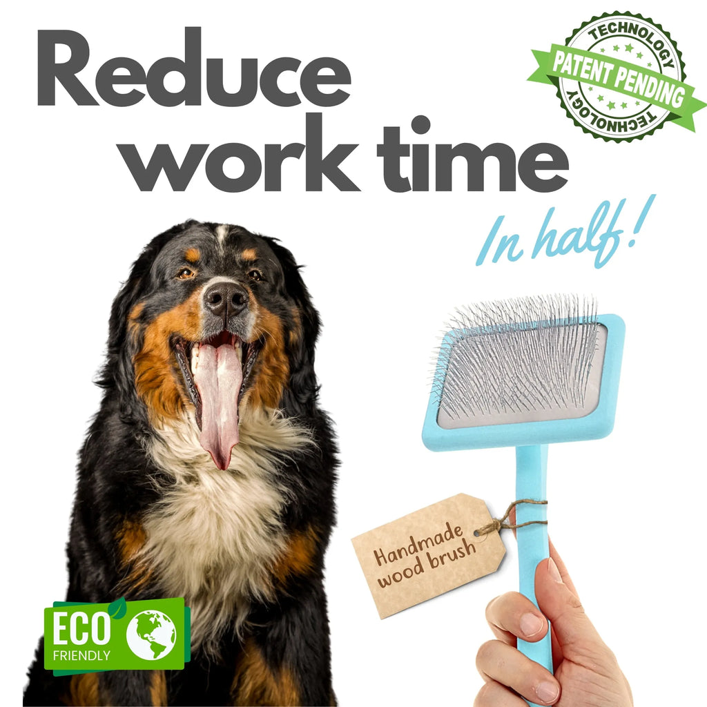 Dog with a pet grooming brush, text 'Reduce work time in half!', and 'ECO FRIENDLY' label.