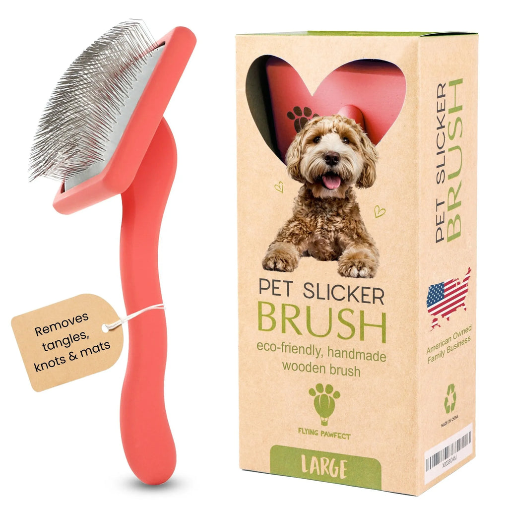 Pet slicker brush with packaging featuring a dog and text on a white background