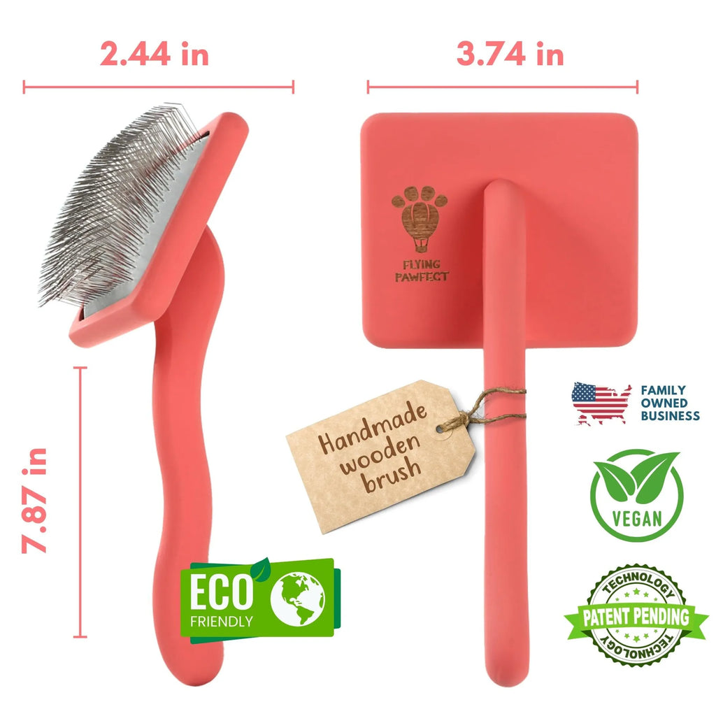 Handmade wooden brush with dimensions and eco-friendly certification on a white background