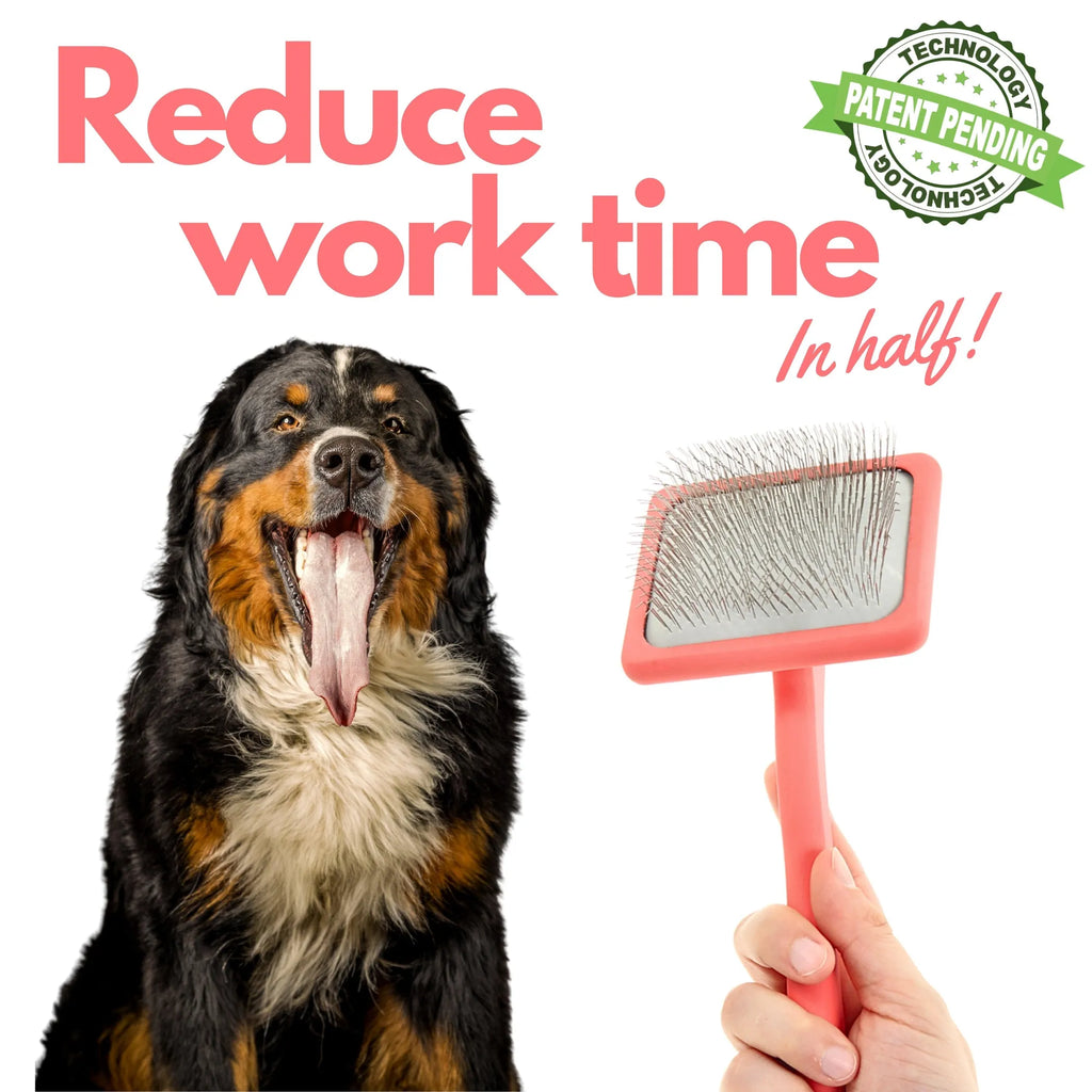 Dog with a pink pet grooming brush and text 'Reduce work time in half' on a white background