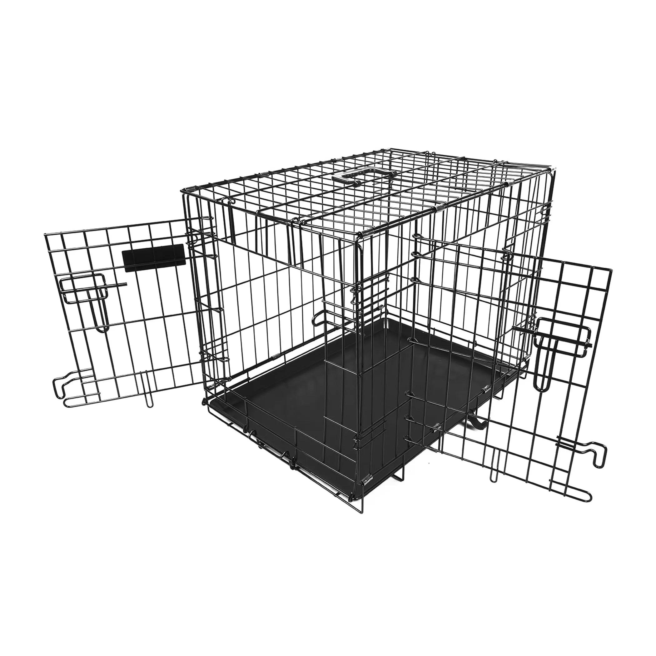Black metal pet crate on a white background