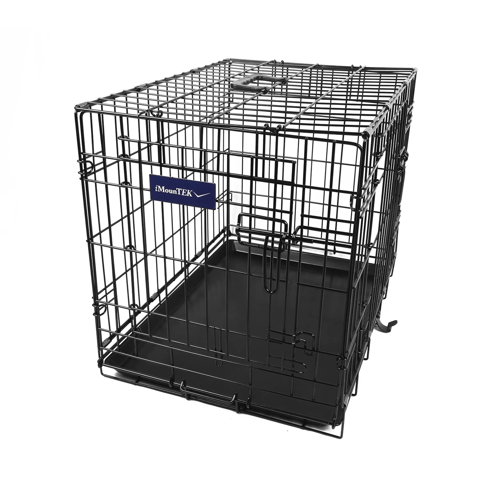 Black metal dog crate with a visible brand label on a white background