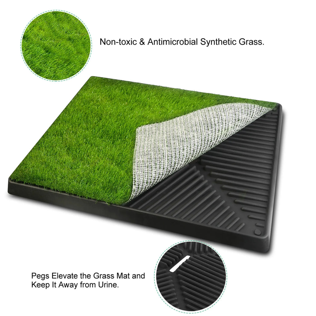 Green synthetic grass mat with black base and pegs, showing non-toxic and antimicrobial properties.