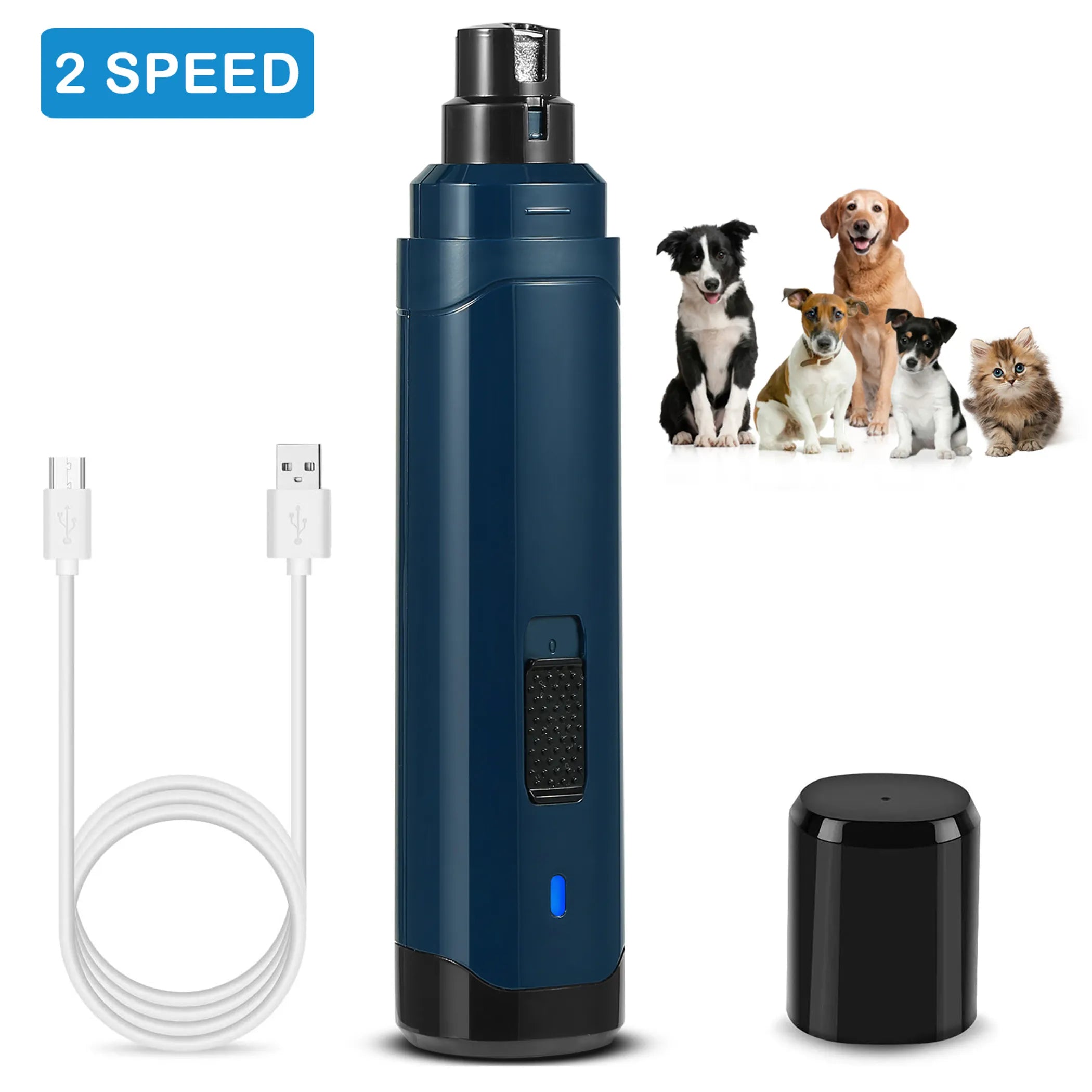 Blue electronic device with USB cable and small black component, featuring images of dogs and a cat on a white background.