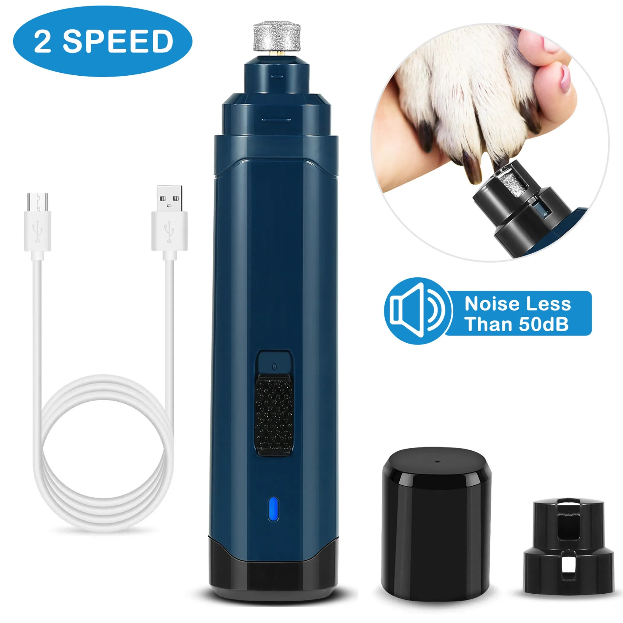Blue pet nail grinder with USB cable, attachments, and inset showing use on a dog's paw.