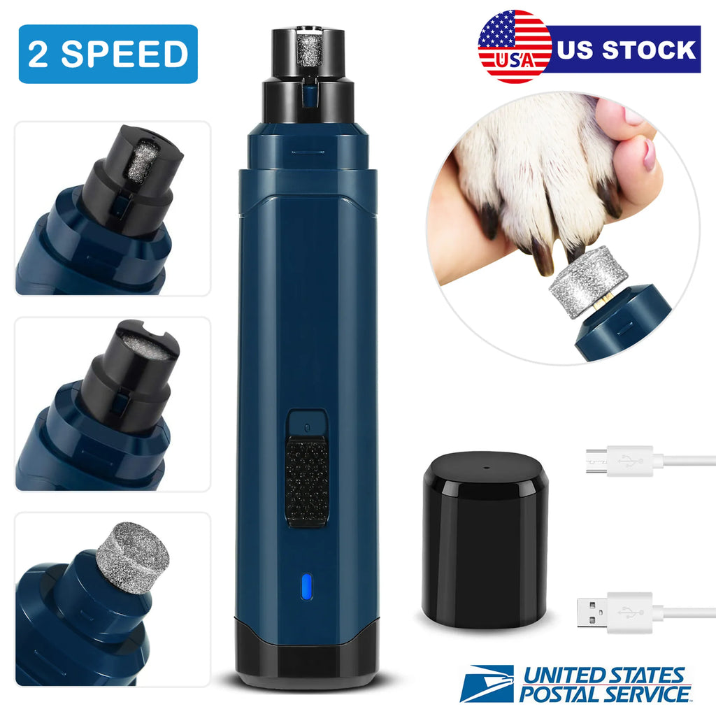 Blue pet nail grinder with attachments and usage on a white 