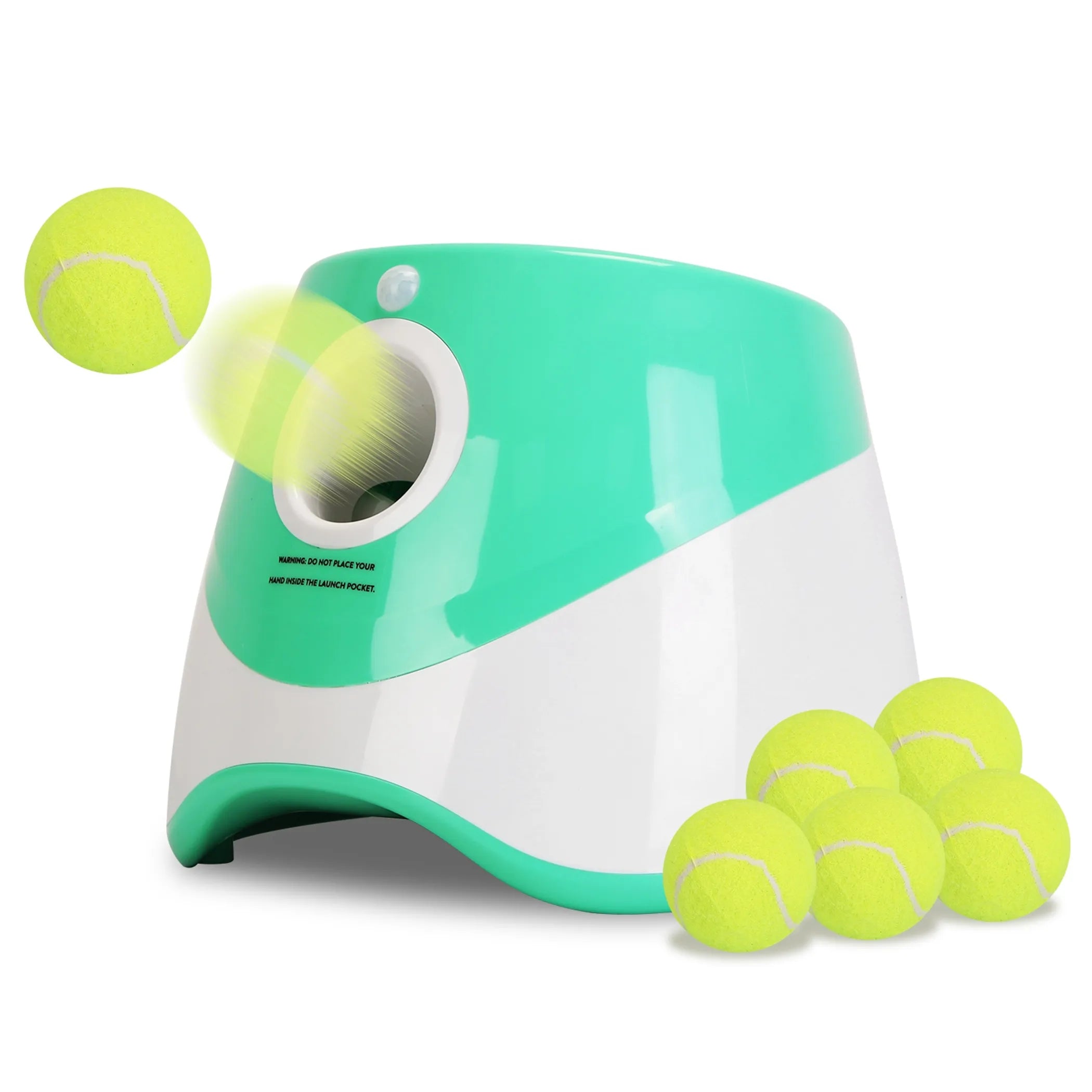 Green and white tennis ball launcher with tennis balls on a white background