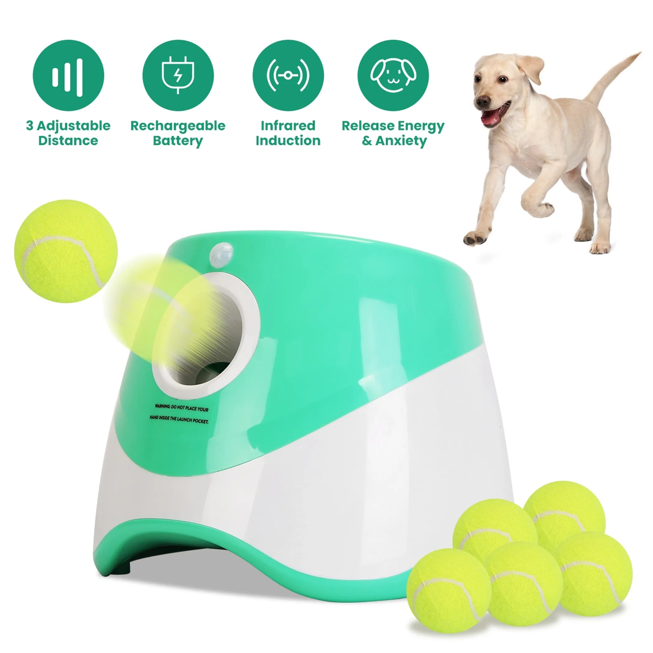 Dog toy dispenser with tennis balls and a dog on a white background