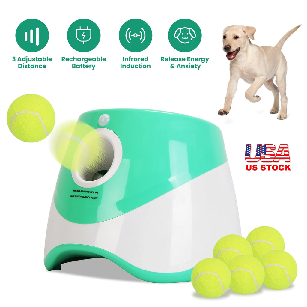 Dog toy dispenser with tennis balls and a dog on a white background