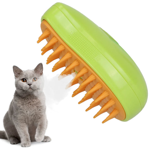 Green and orange pet grooming brush next to a gray cat on a white background