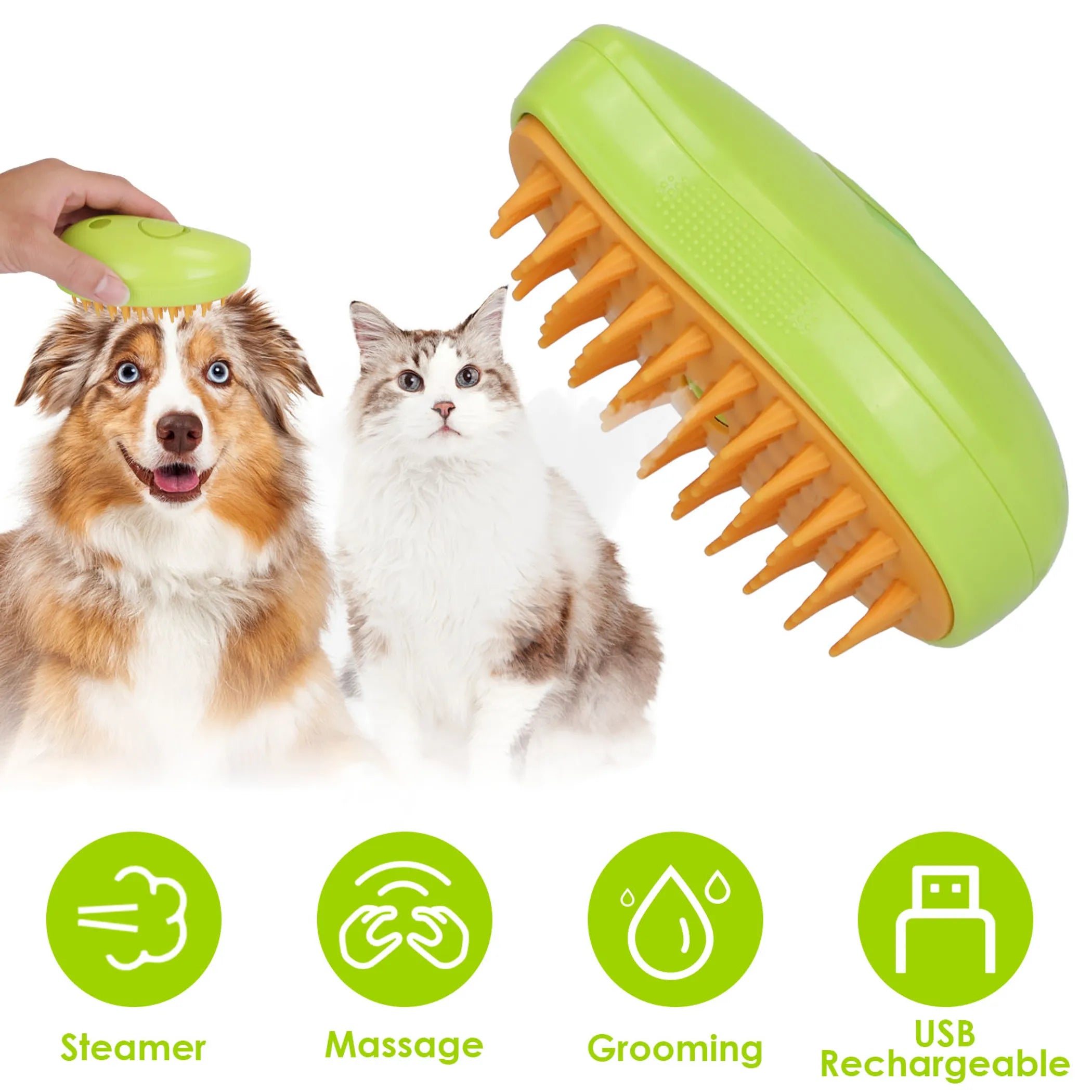 Green pet grooming brush with a dog and cat, featuring icons for steamer, massage, grooming, and USB rechargeable.