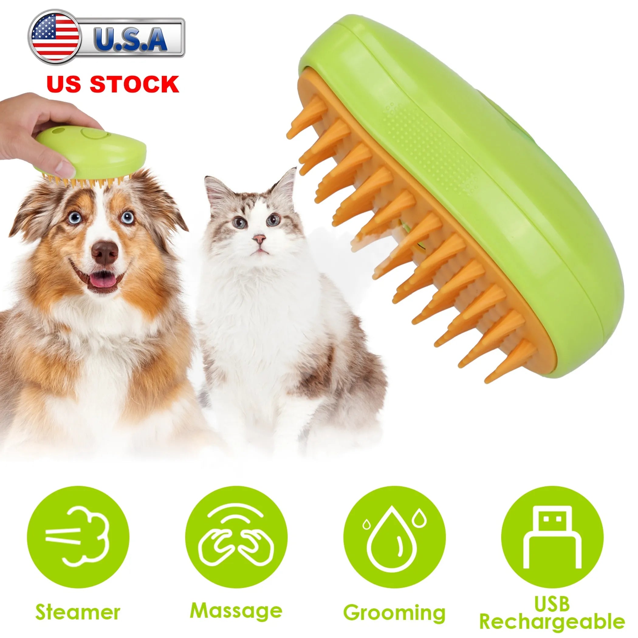Green pet grooming brush with a dog and cat, featuring text 'U.S.