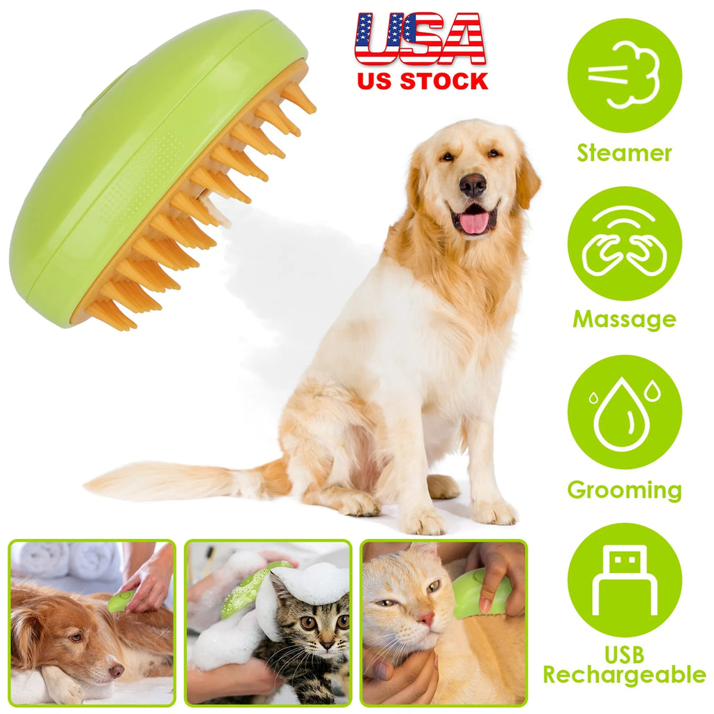 Green pet grooming brush with a dog and cat illustrations, and text indicating USB rechargeable feature.