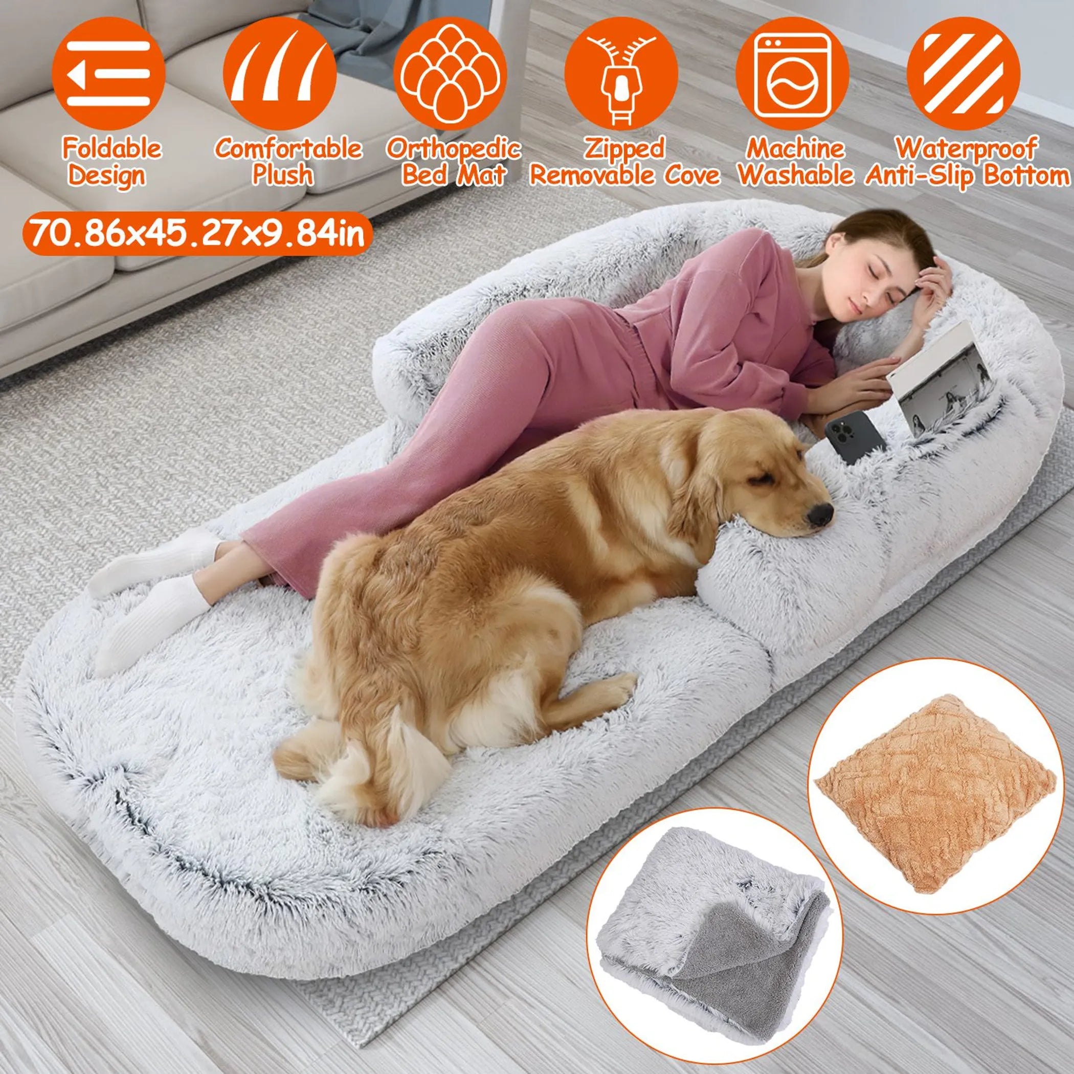 Woman and dog lying on a large orthopedic bed mat with product features displayed.