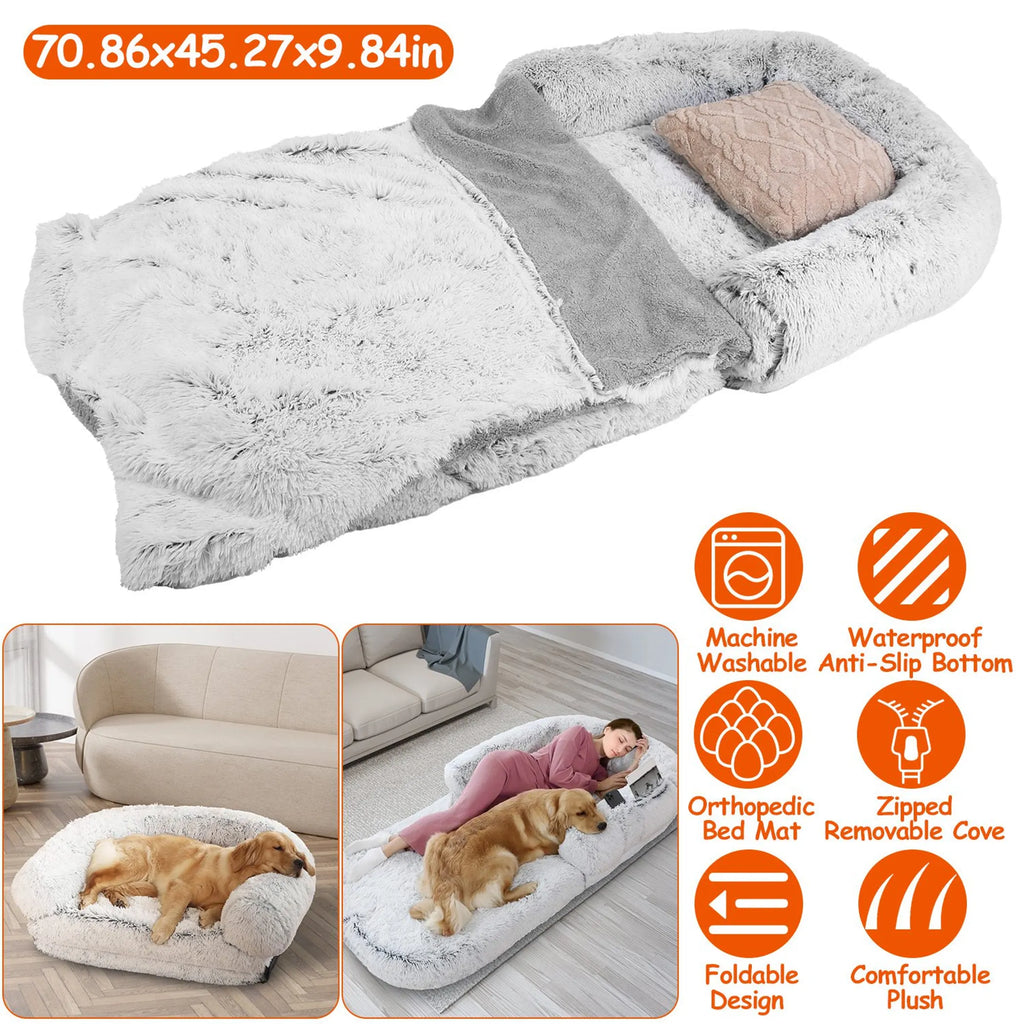 Foldable pet bed with additional features highlighted on a white background