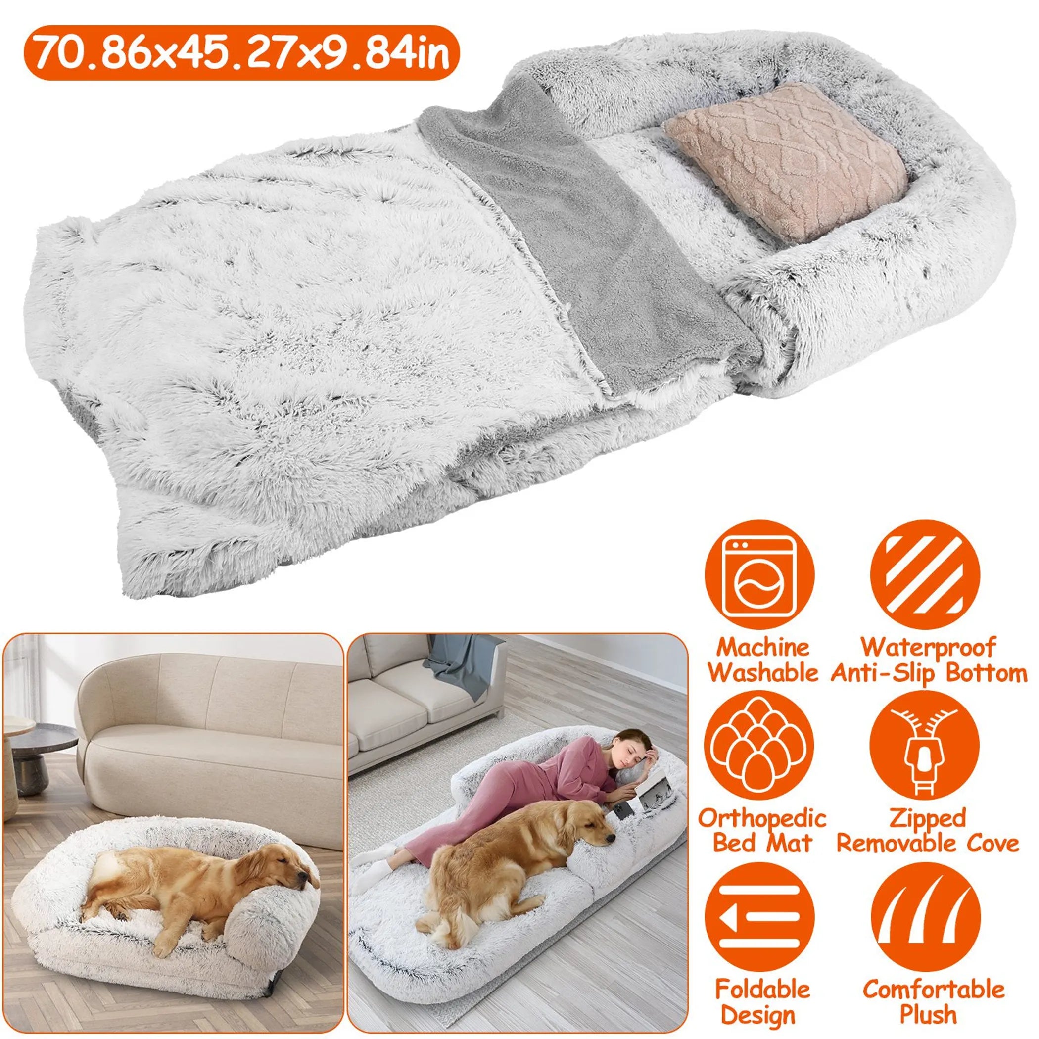 Foldable pet bed with additional features highlighted on a white background