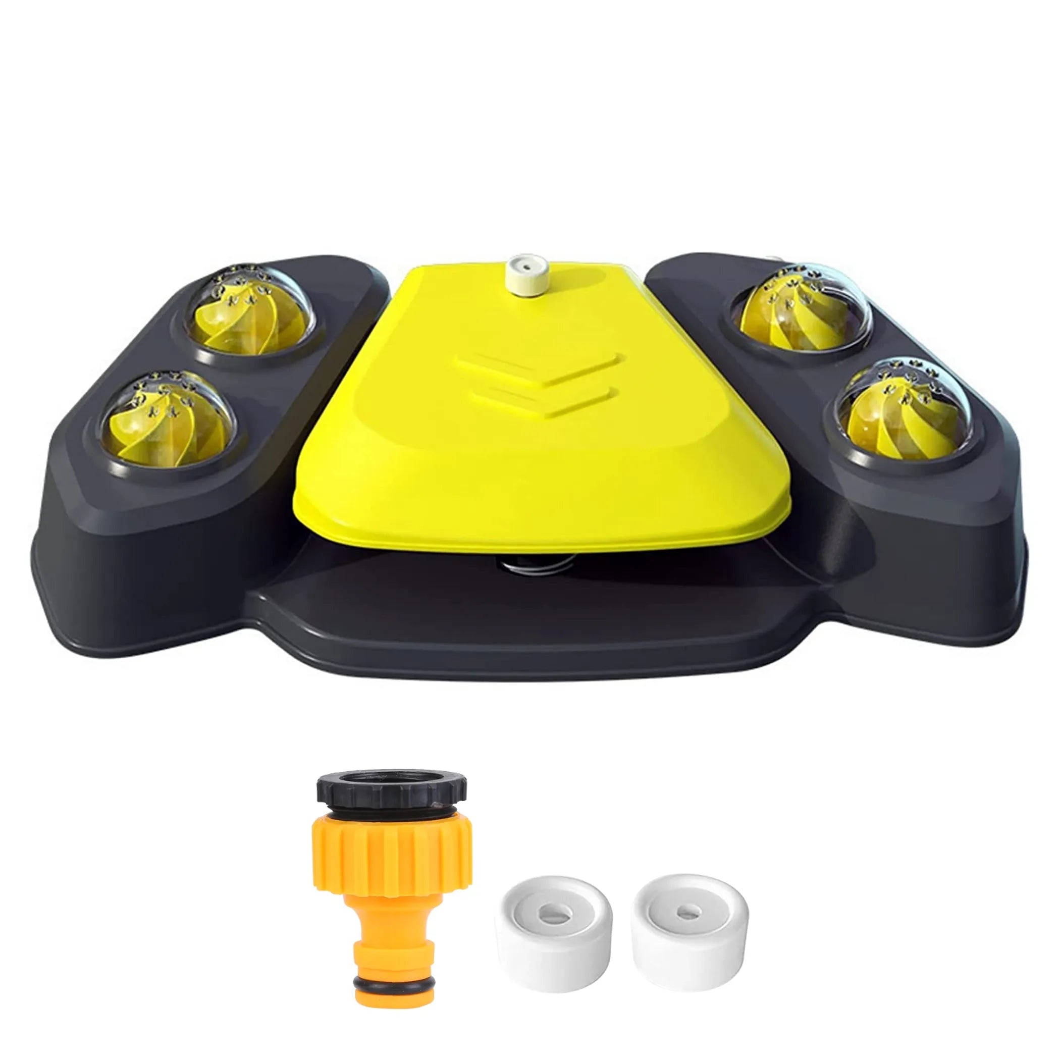 Yellow and black garden valve cover with four nozzles and two washers on a white background