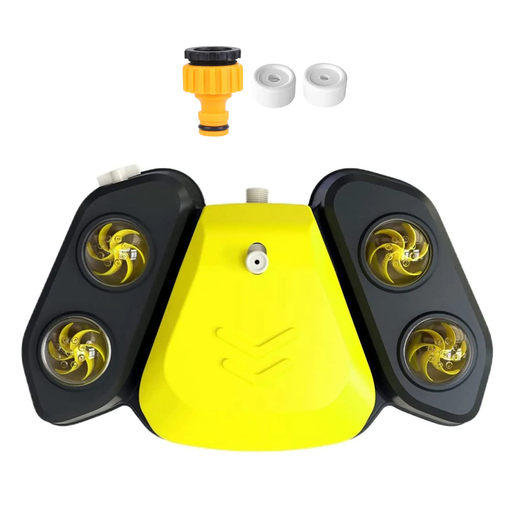 Yellow and black device with multiple nozzles on a white background