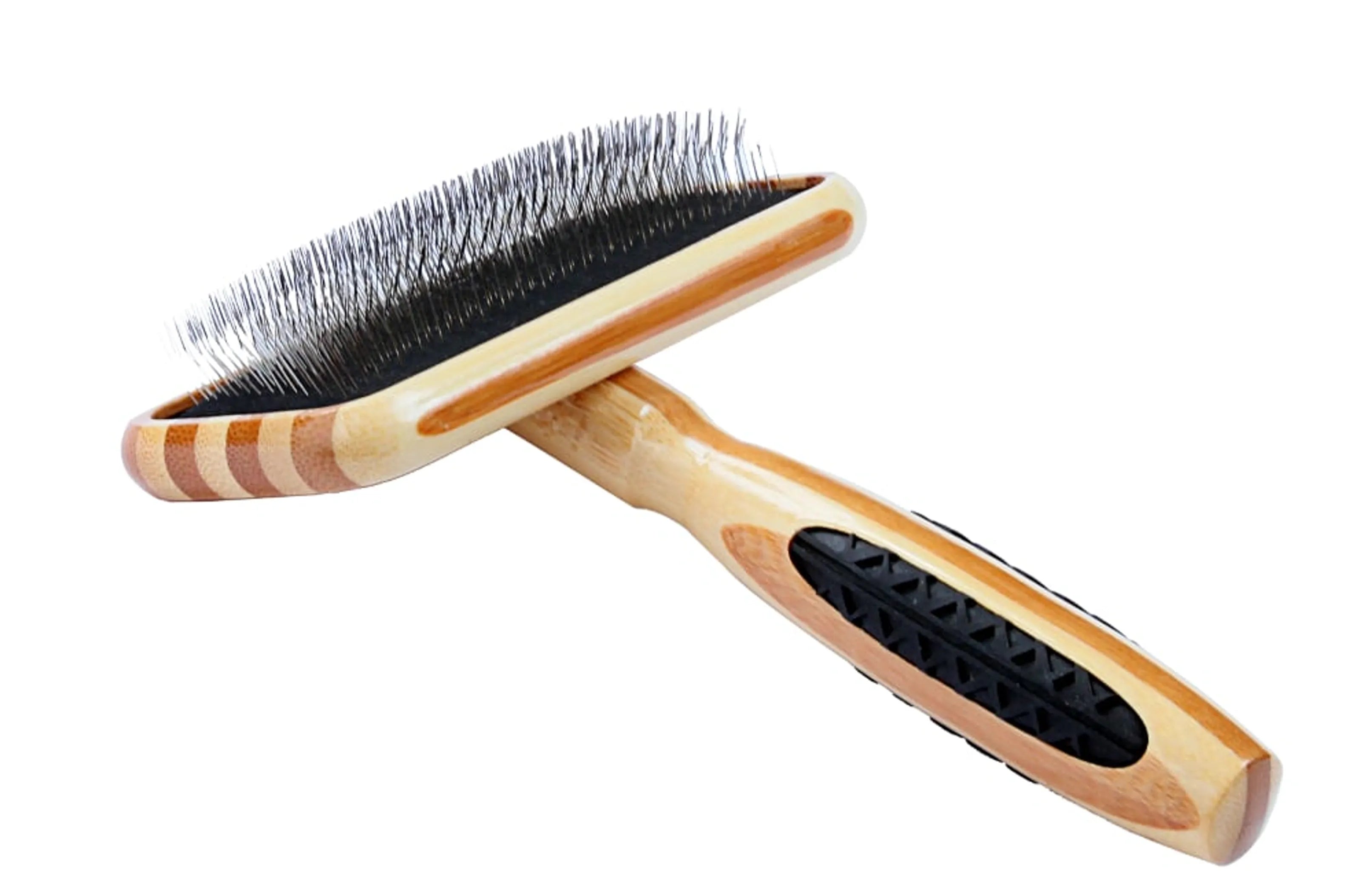 Two wooden pet grooming brushes with bristle and rubber sides on a white background