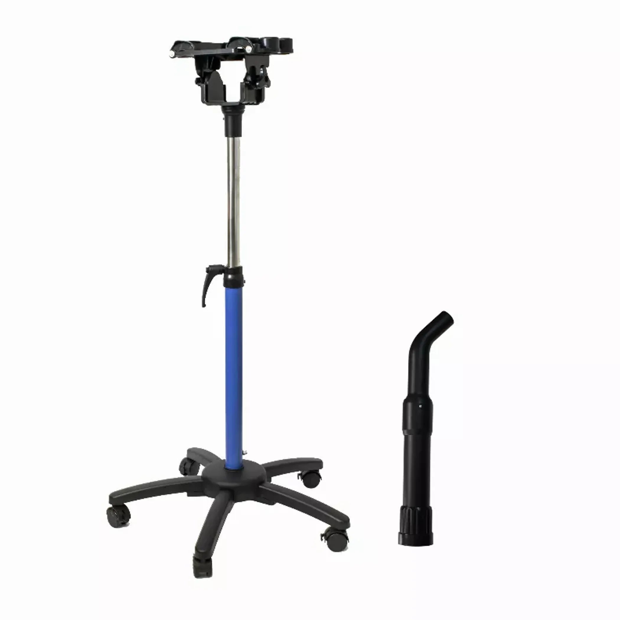 Camera stabilizer with blue cylindrical base and black top on a white background