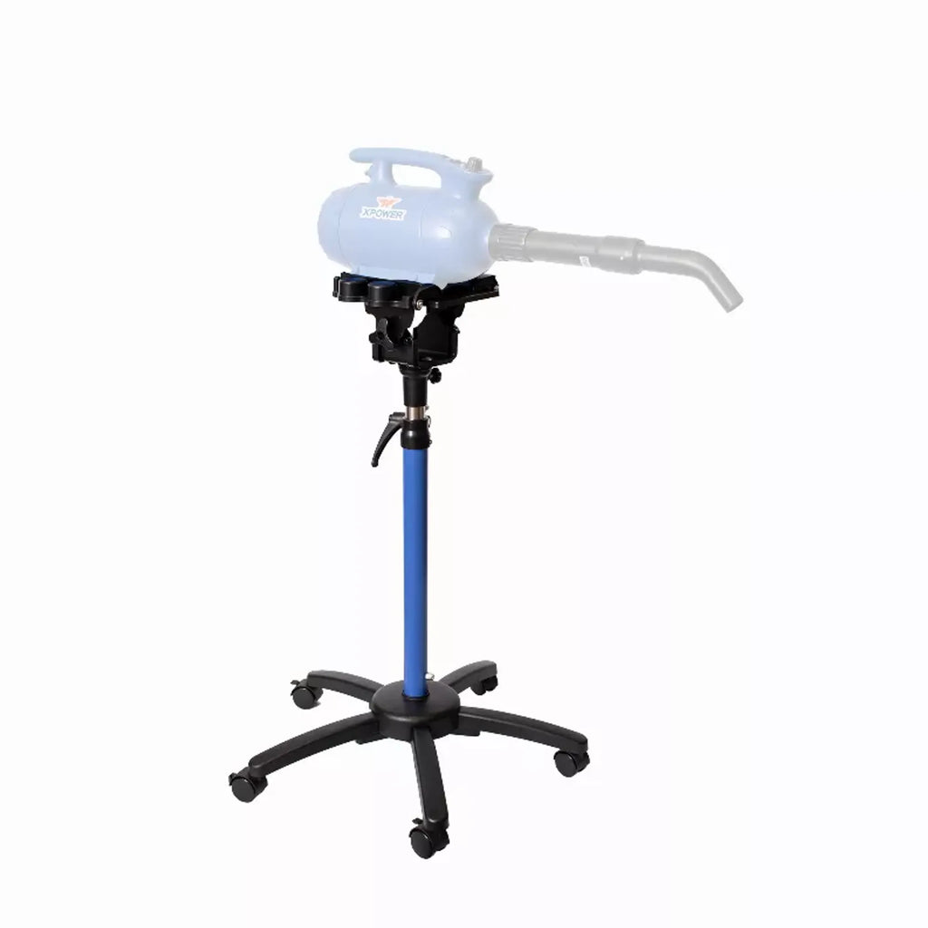 Portable liquid dispenser with blue stand and white container on a white background