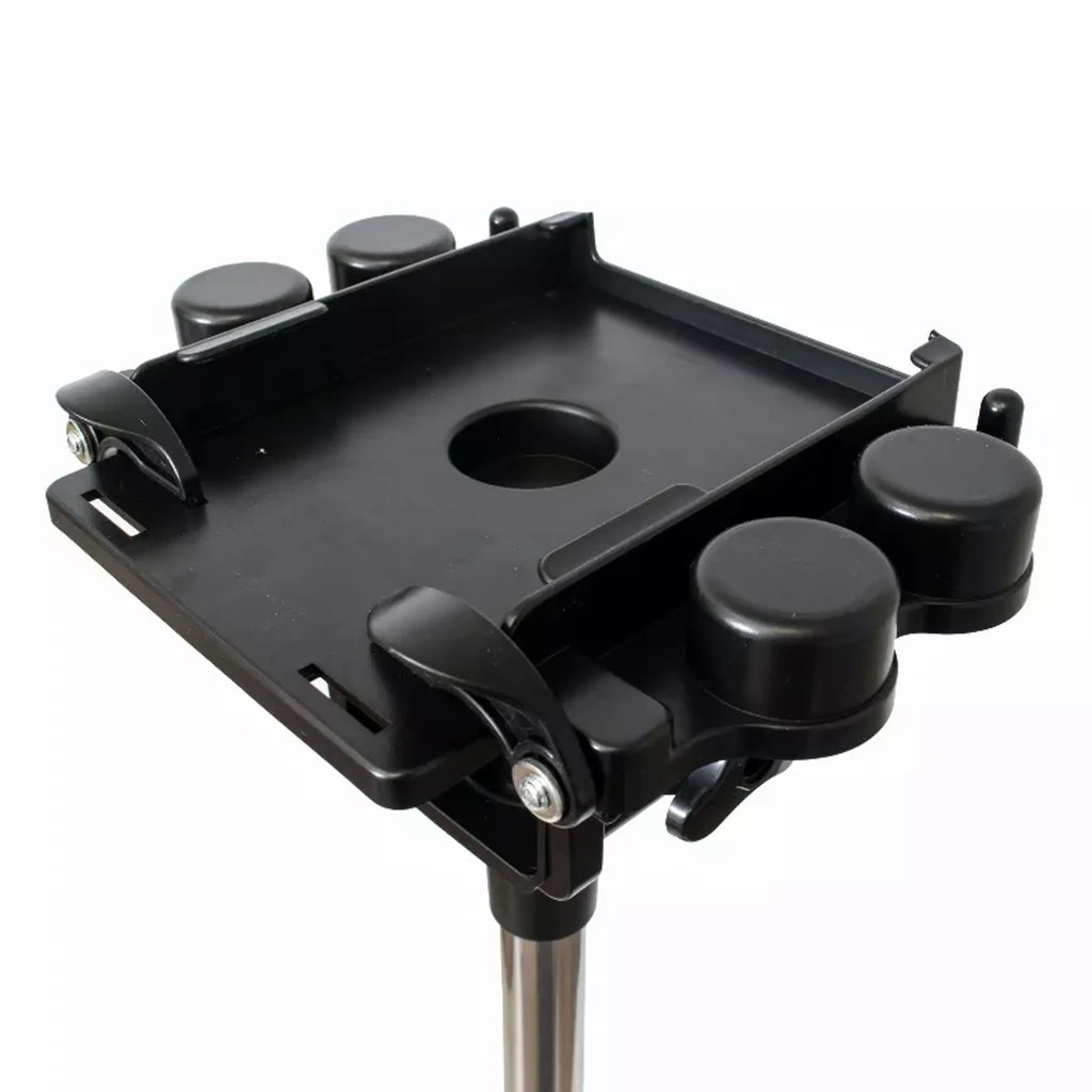 Black adjustable stand with multiple mounting points on a white background
