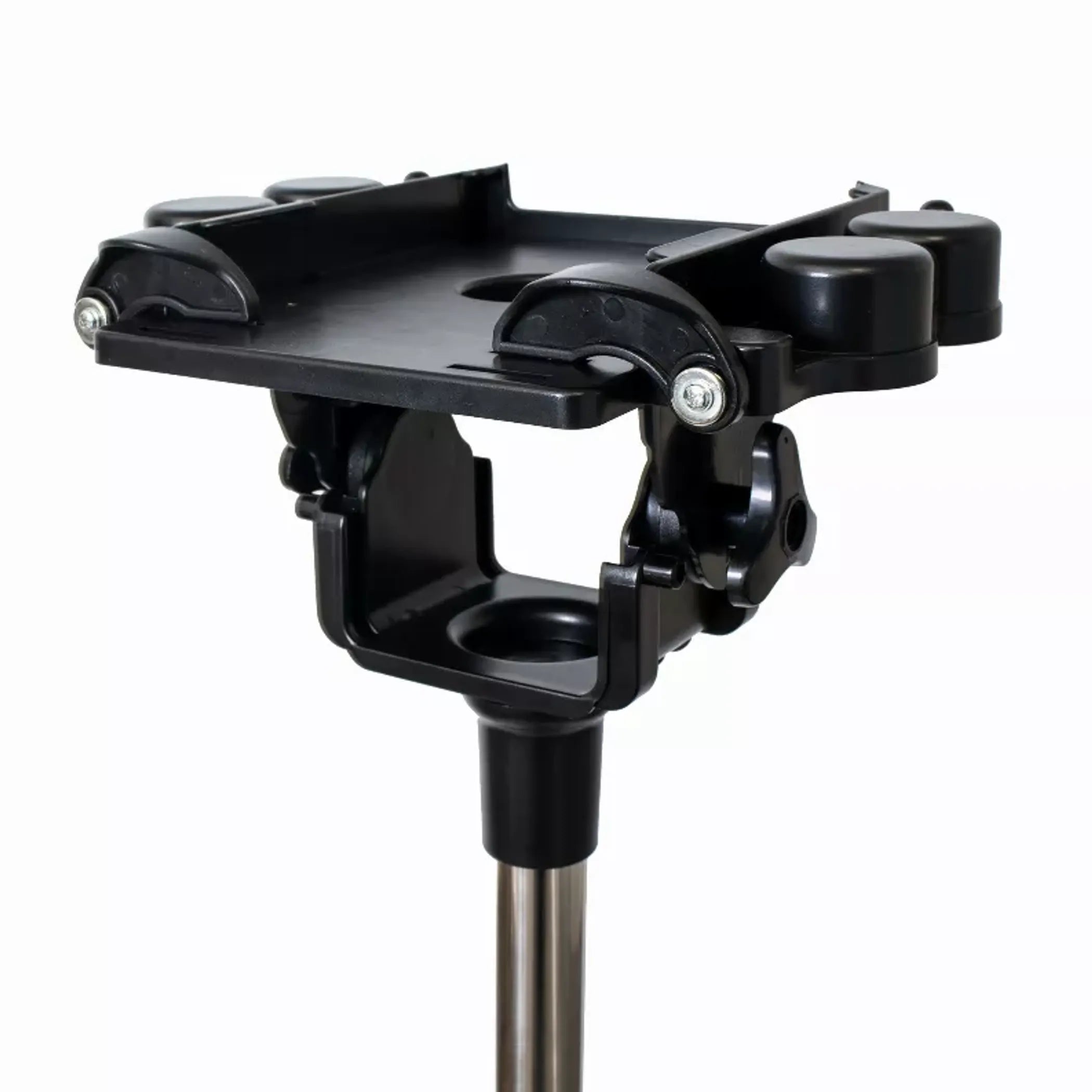 Black adjustable stand with a central cylindrical component on a white background
