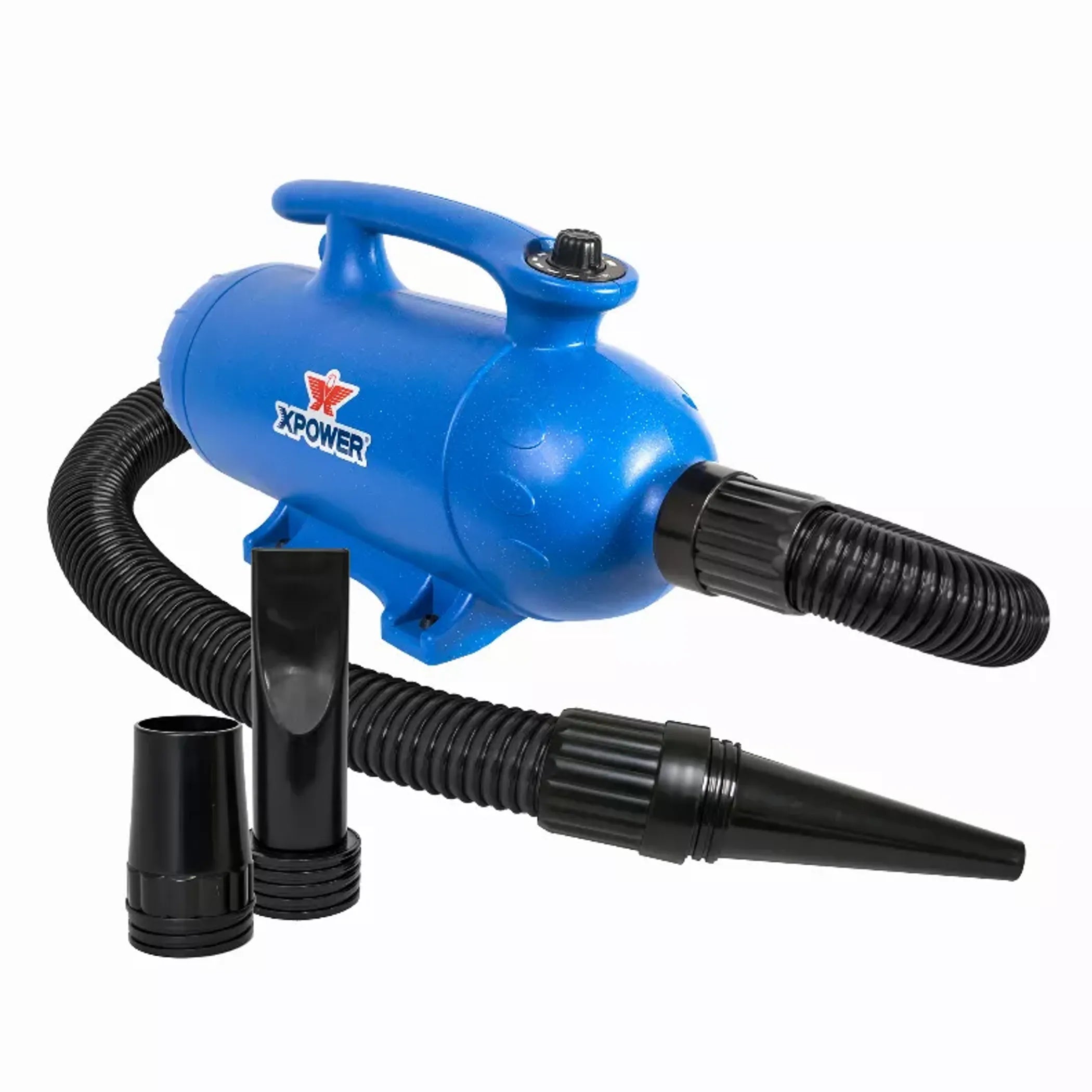 Blue vacuum pump with black hoses and attachments on a white background