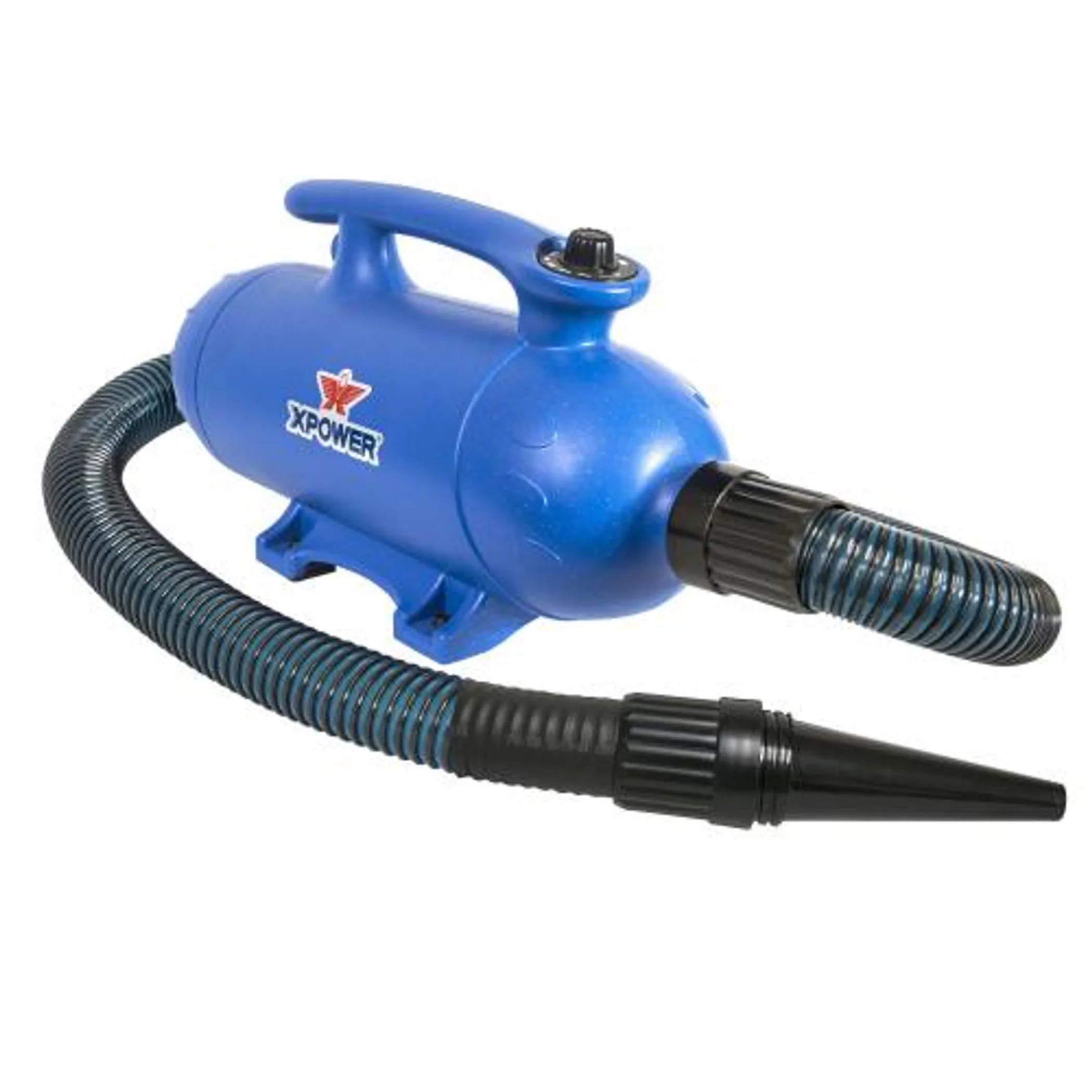 Blue vacuum cleaner attachment with black hose on a white background
