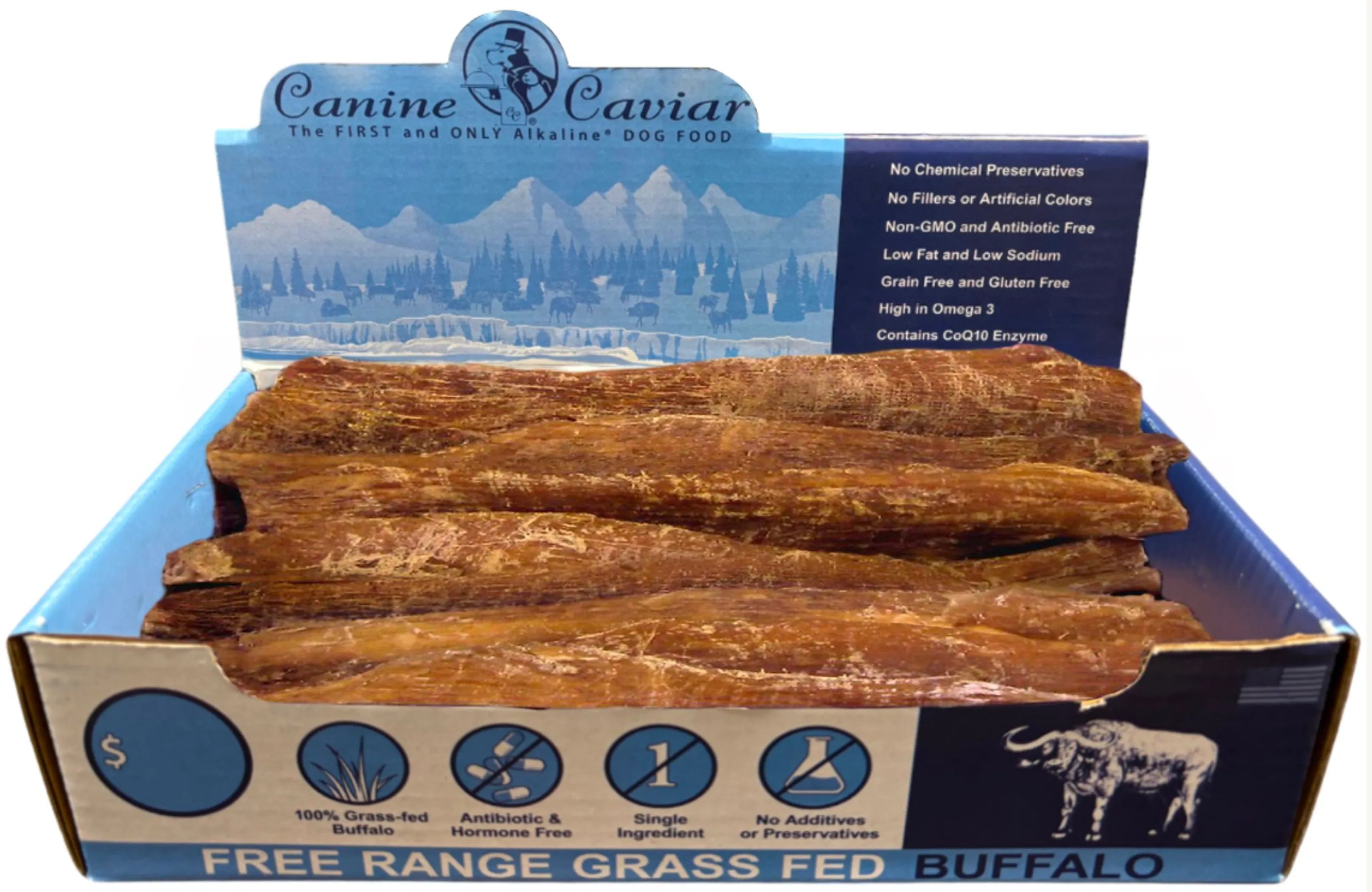 Box of Canine Caviar free-range grass-fed buffalo dog treats with branding and product details.