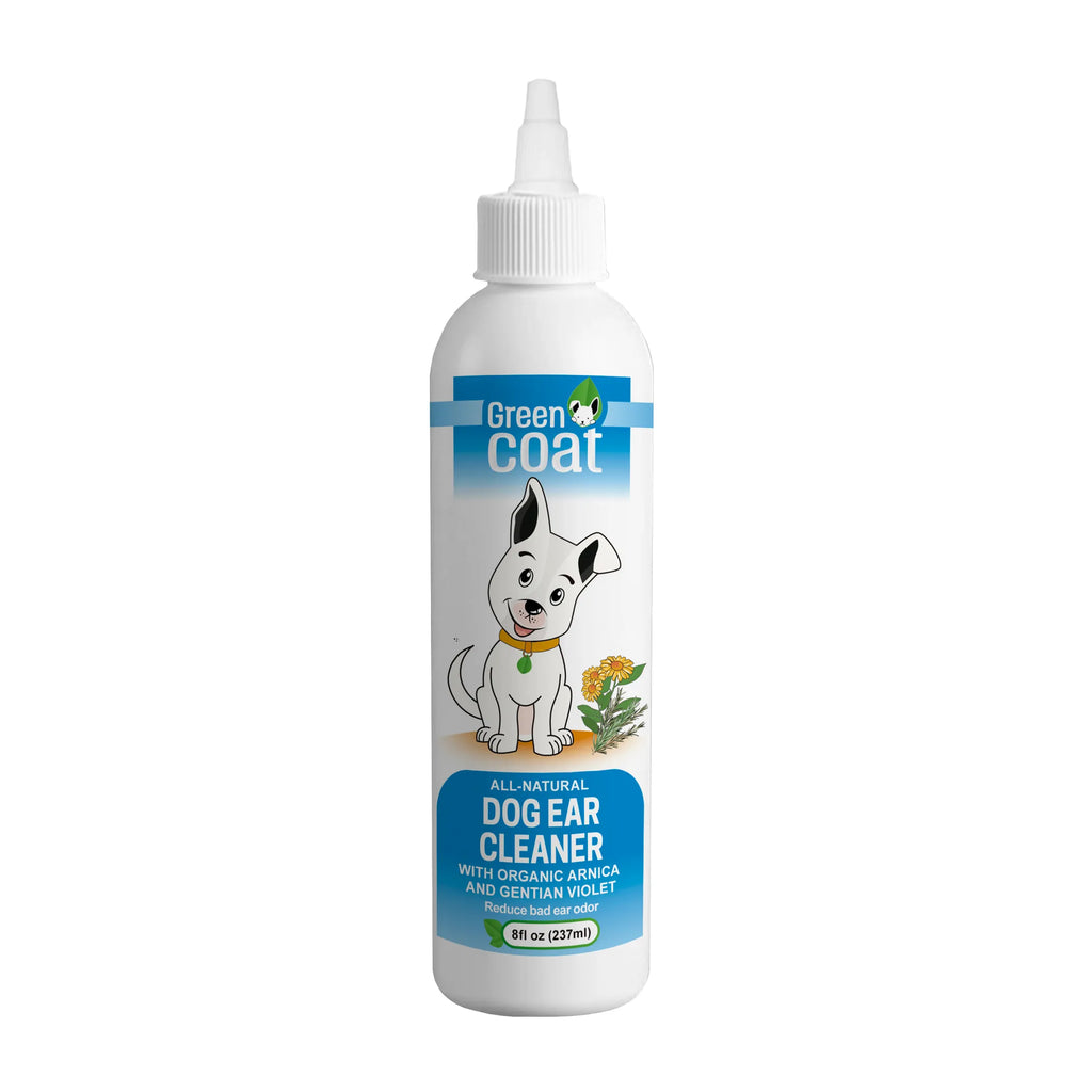 Green Coat all-natural dog ear cleaner bottle on a white background