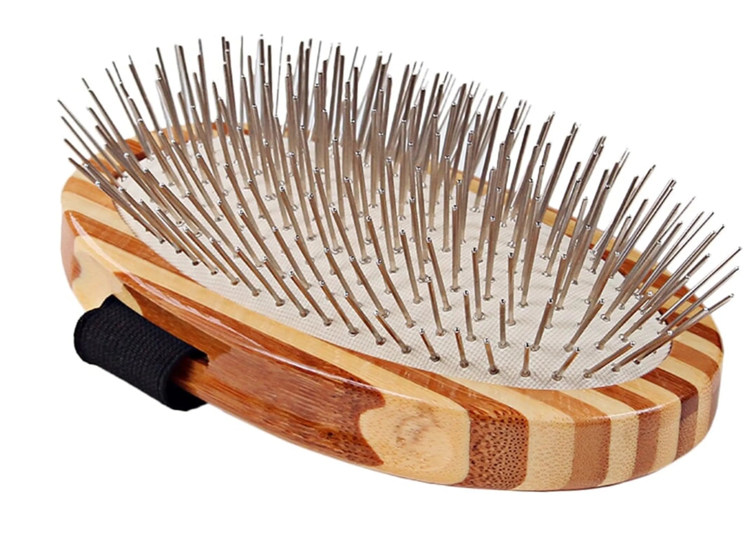 Wooden hairbrush with metal bristles on a white background