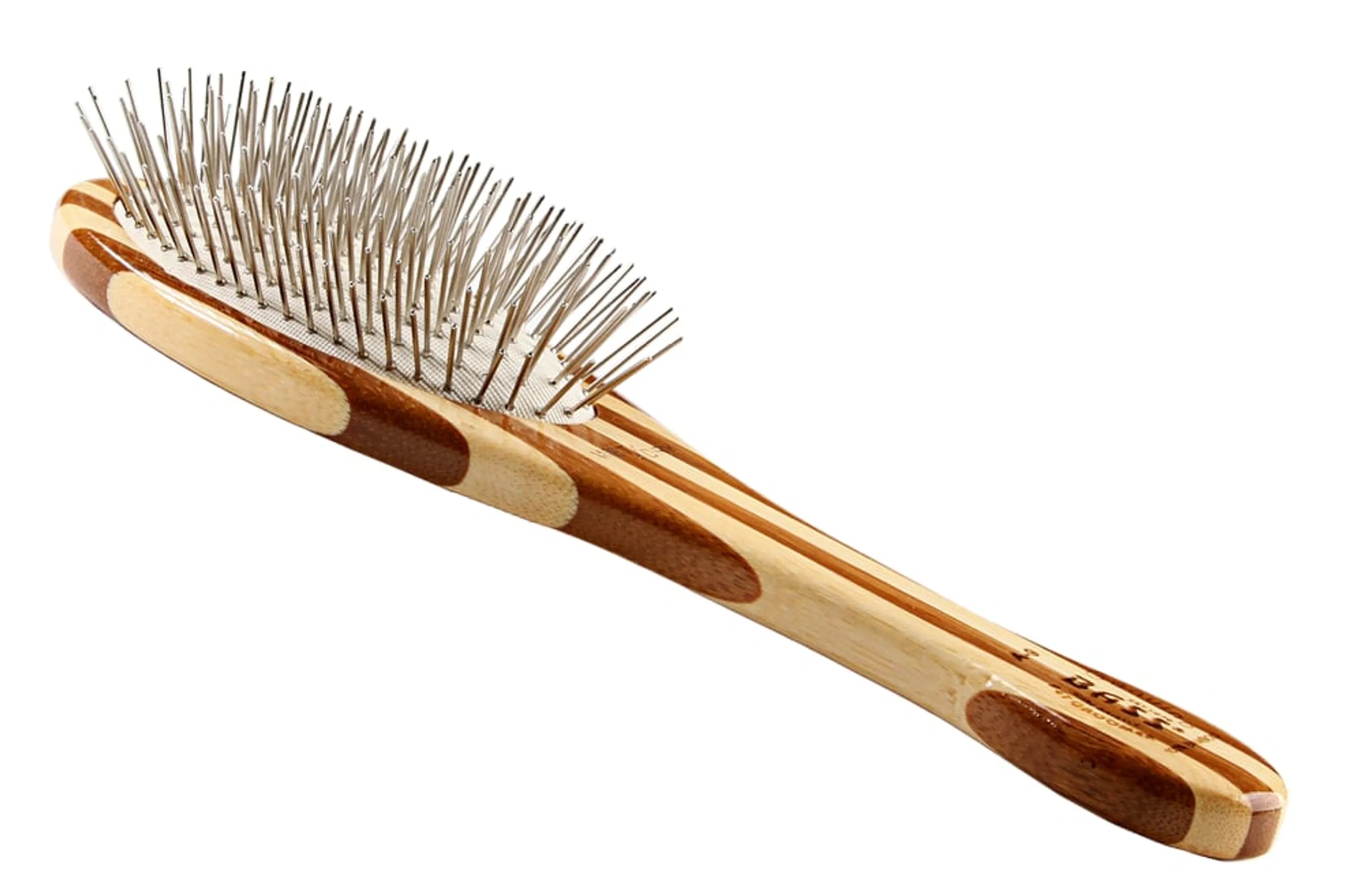 Wooden hairbrush with metal bristles on a white background