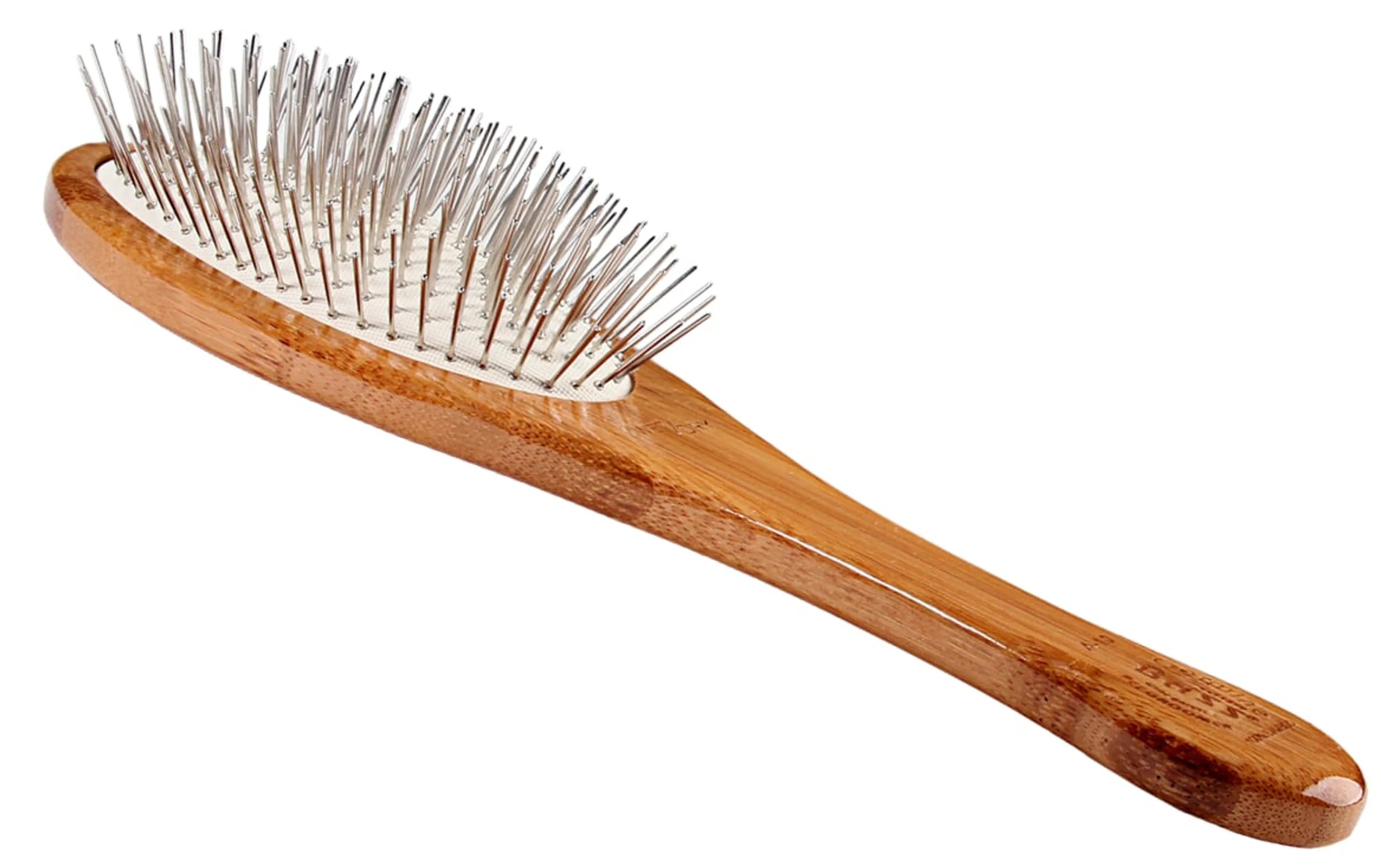 Wooden hairbrush with metal bristles on a white background