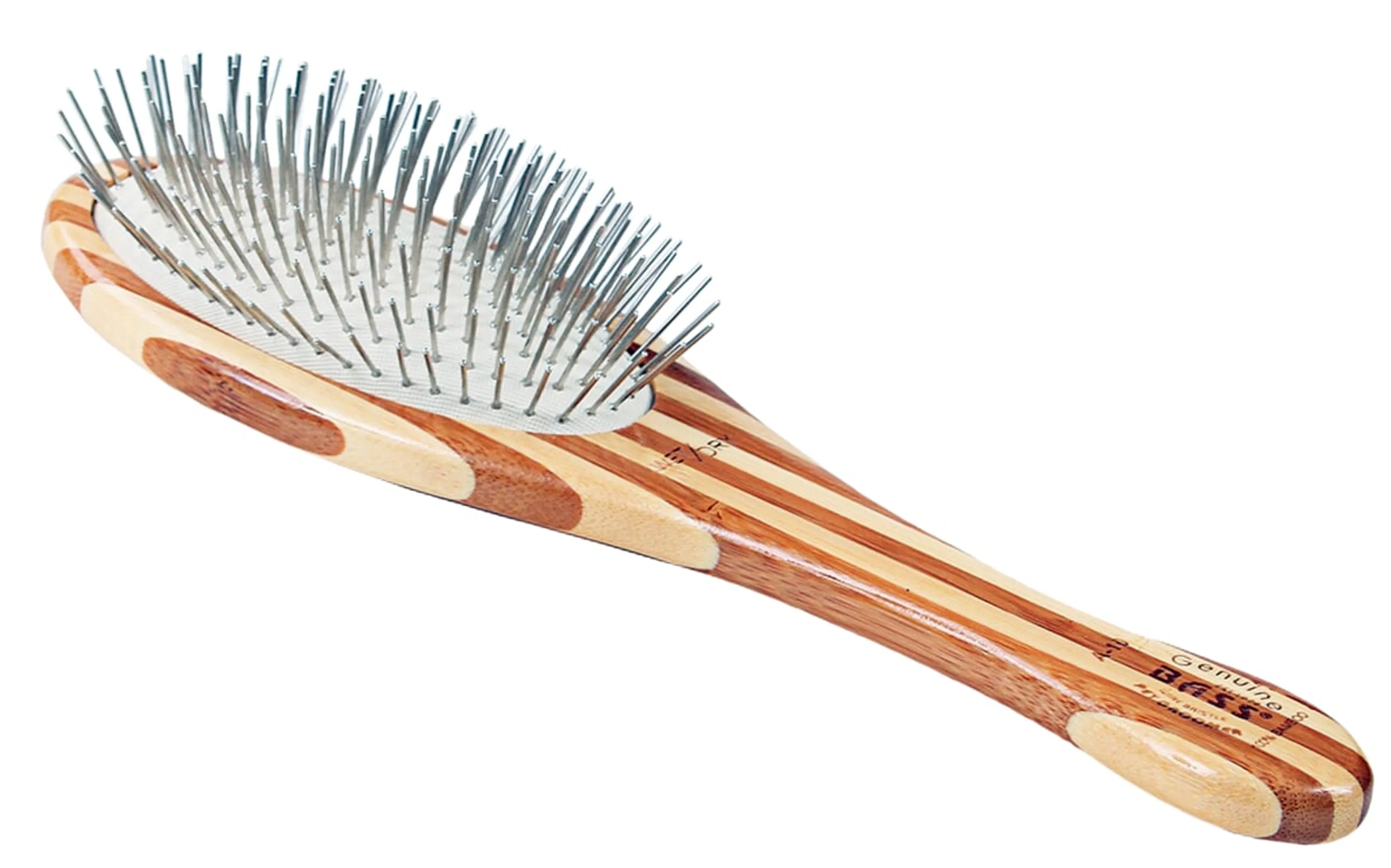 Wooden hairbrush with metal bristles on a white background
