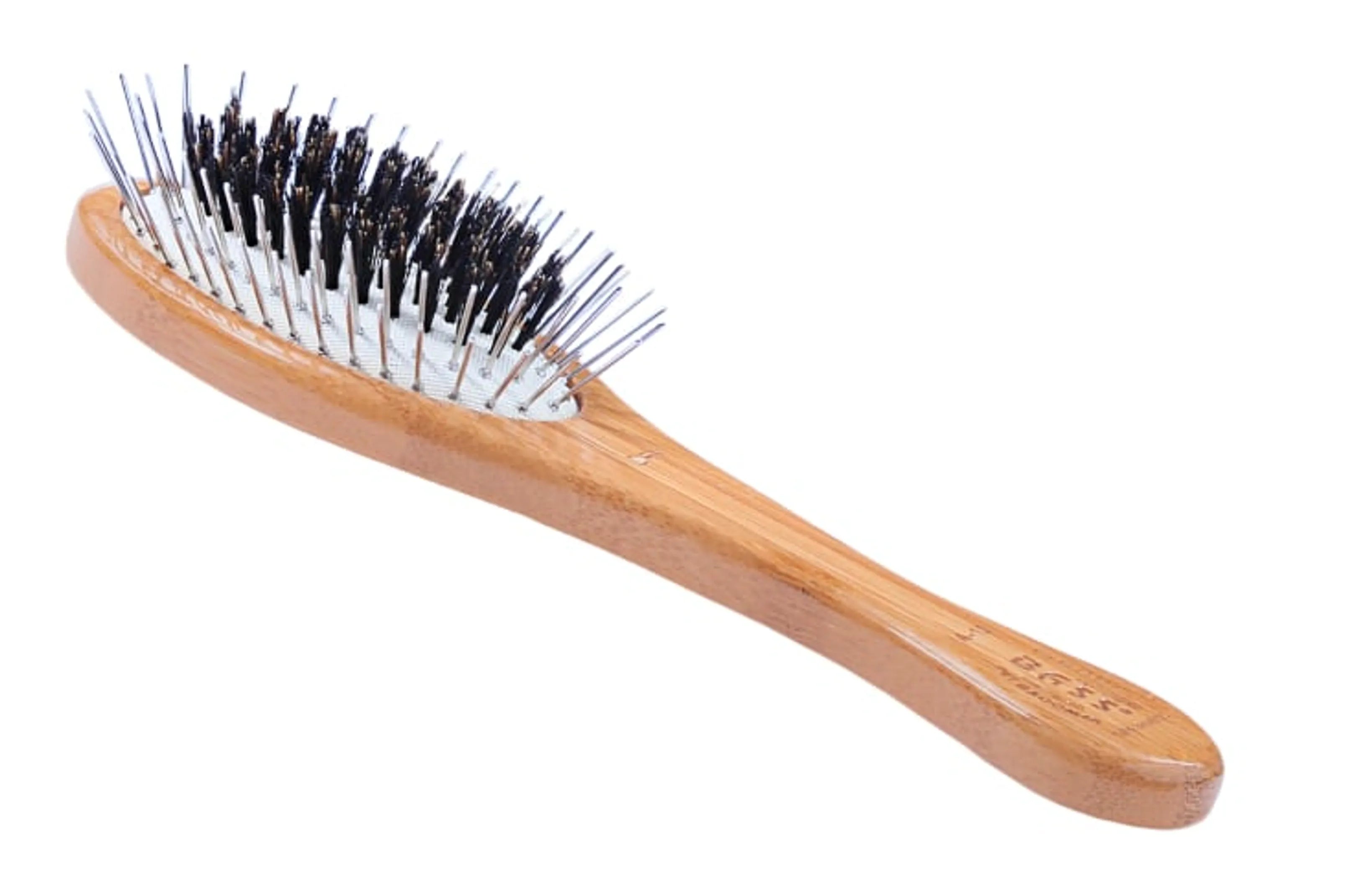 Wooden hairbrush with metal bristles on a white background