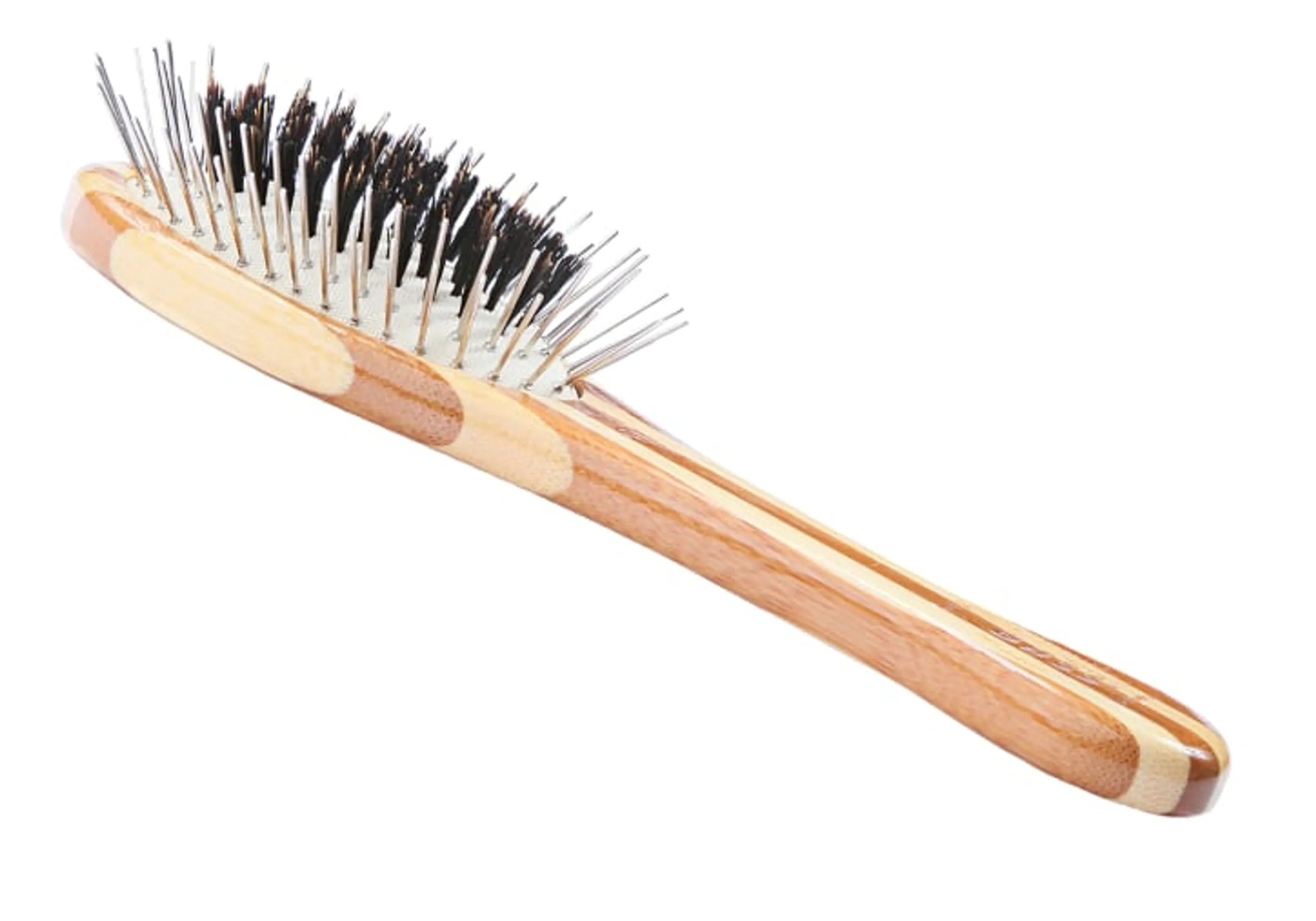 Wooden brush with black bristles on a white background