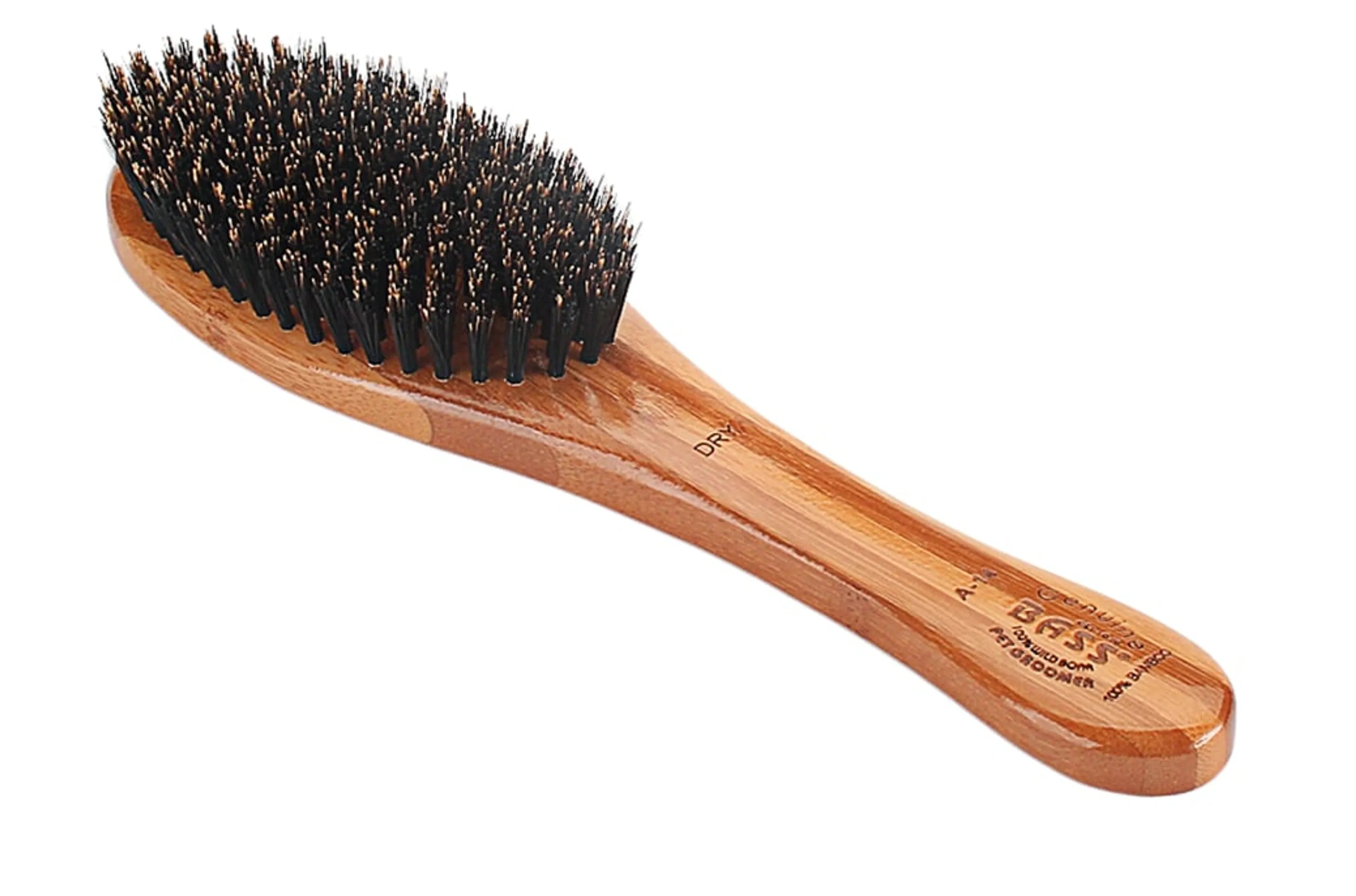 Wooden hairbrush with black bristles on a white background