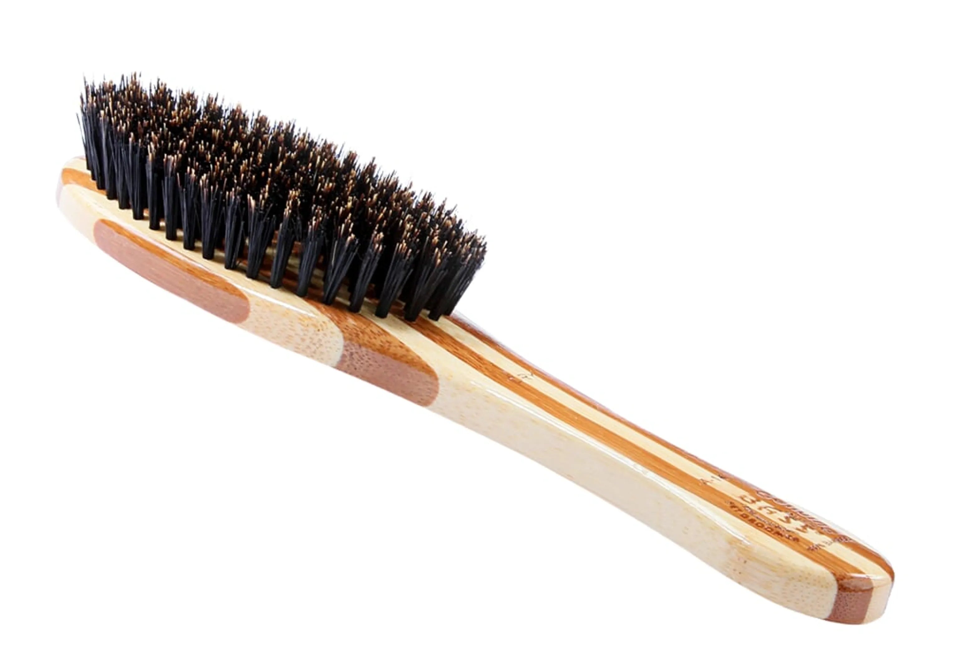 Bamboo hairbrush with black bristles on a white background