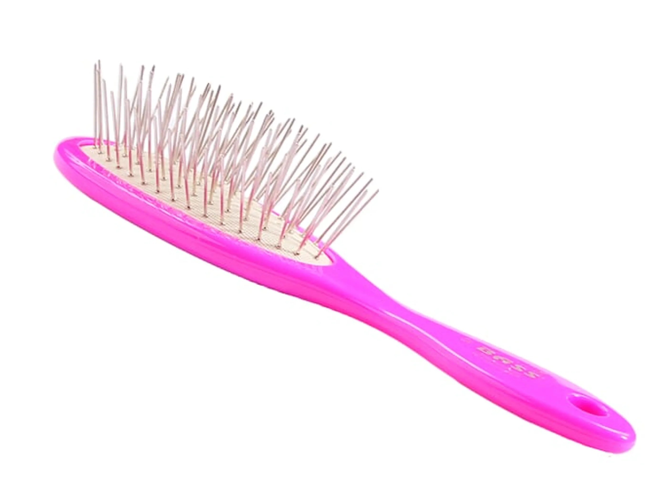 Pink hairbrush with metal bristles on a white background