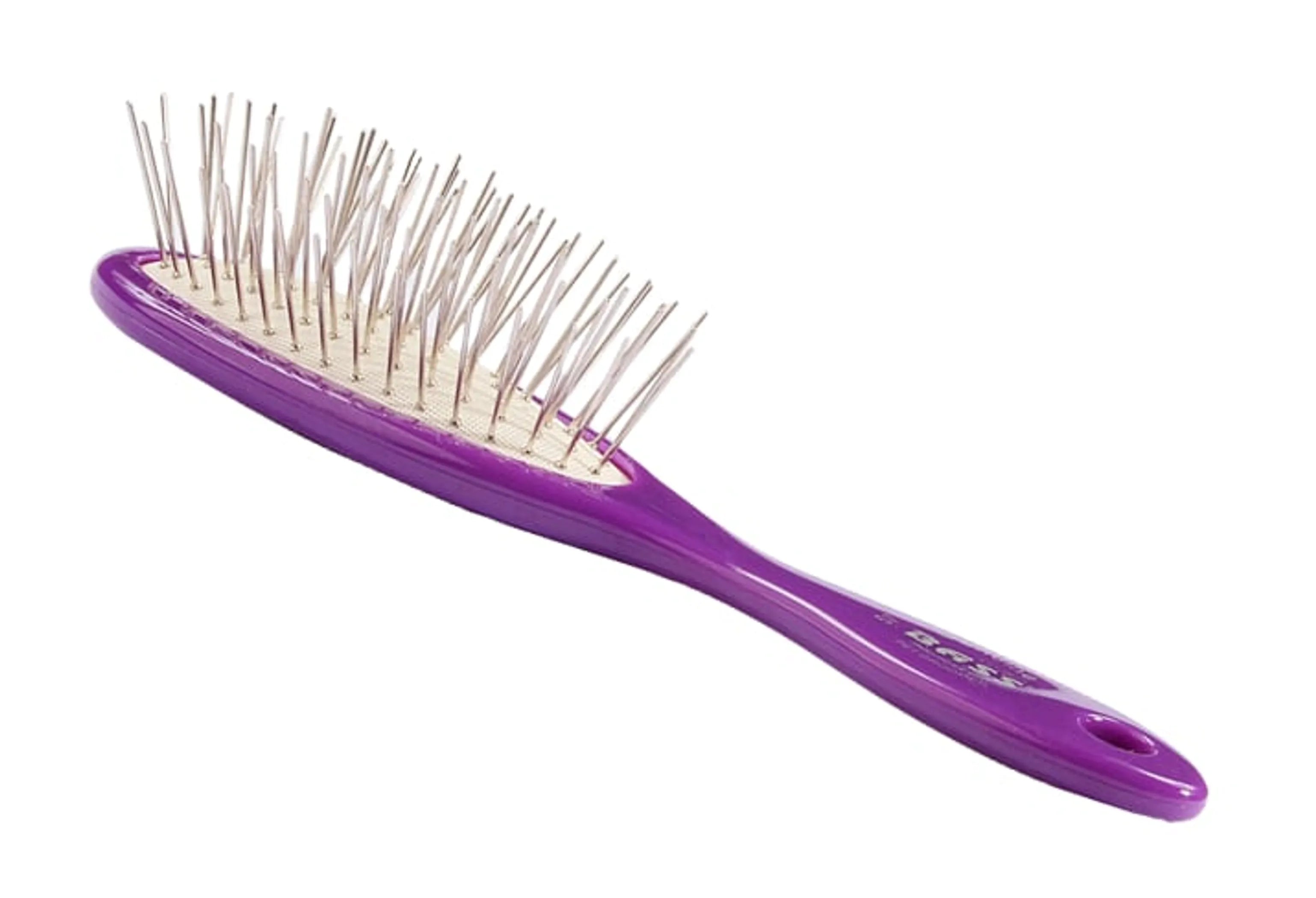 Purple hairbrush with metal bristles on a white background