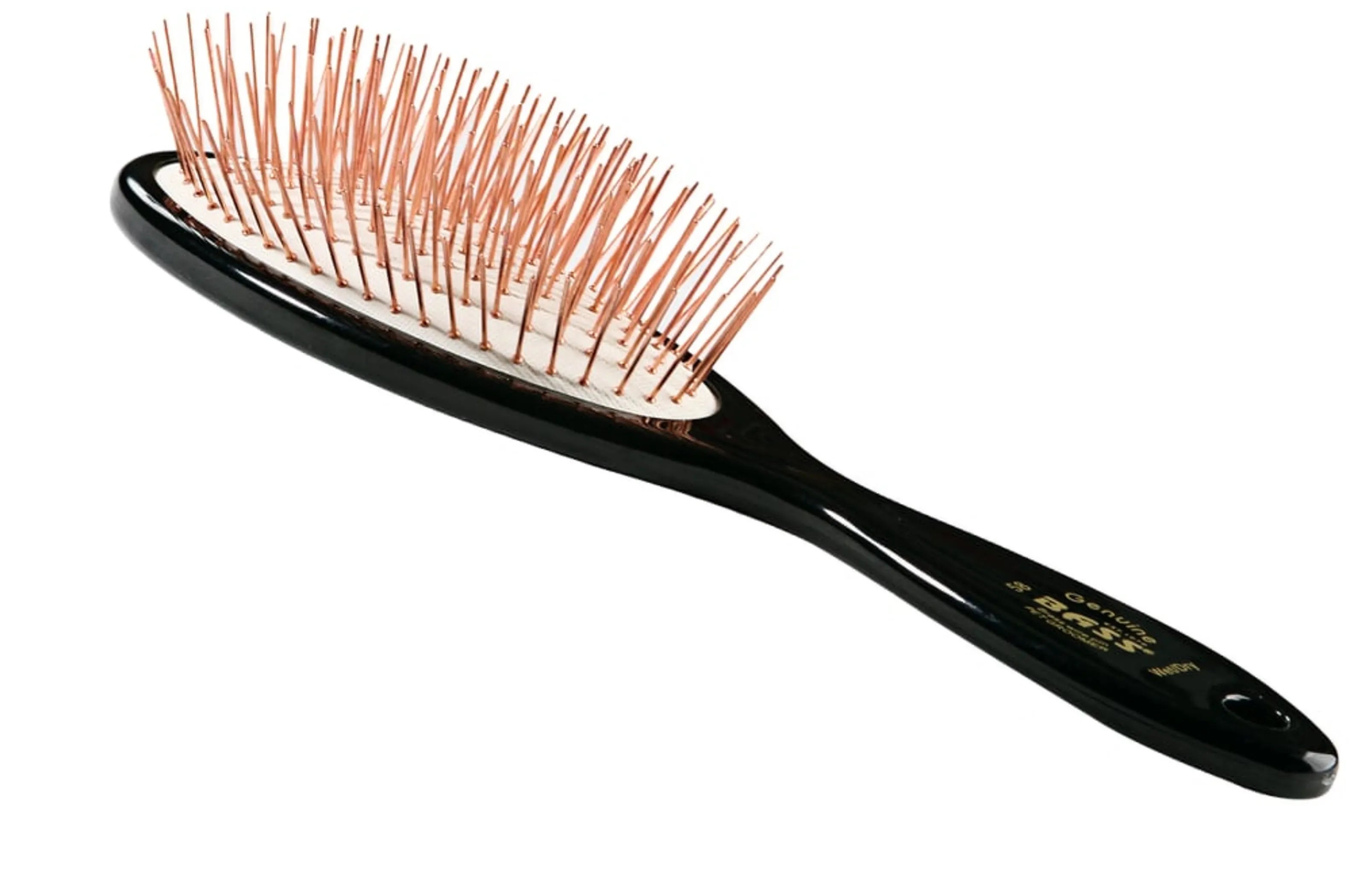Black hairbrush with rose gold bristles on a white background