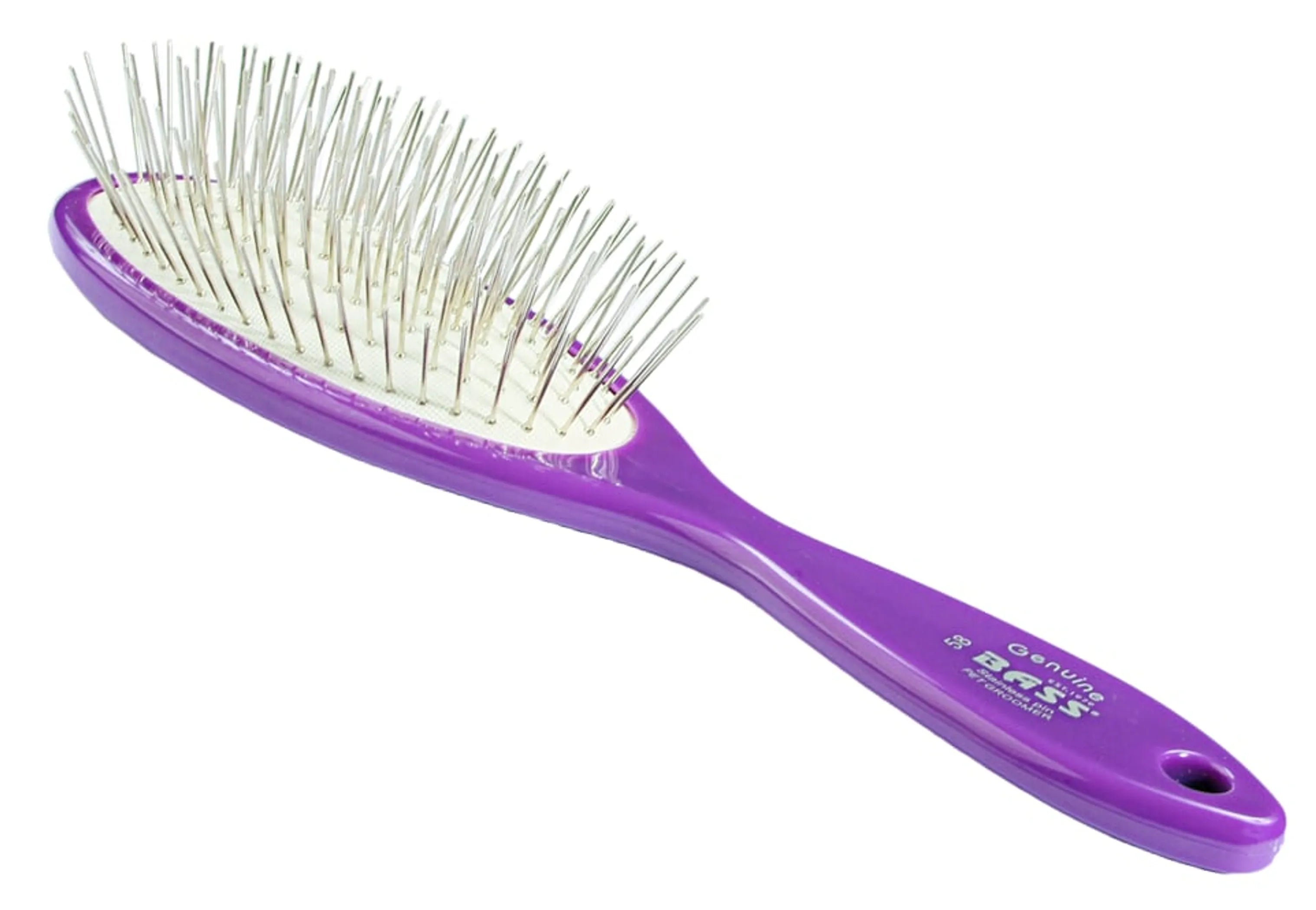Purple hairbrush with metal bristles on a white background
