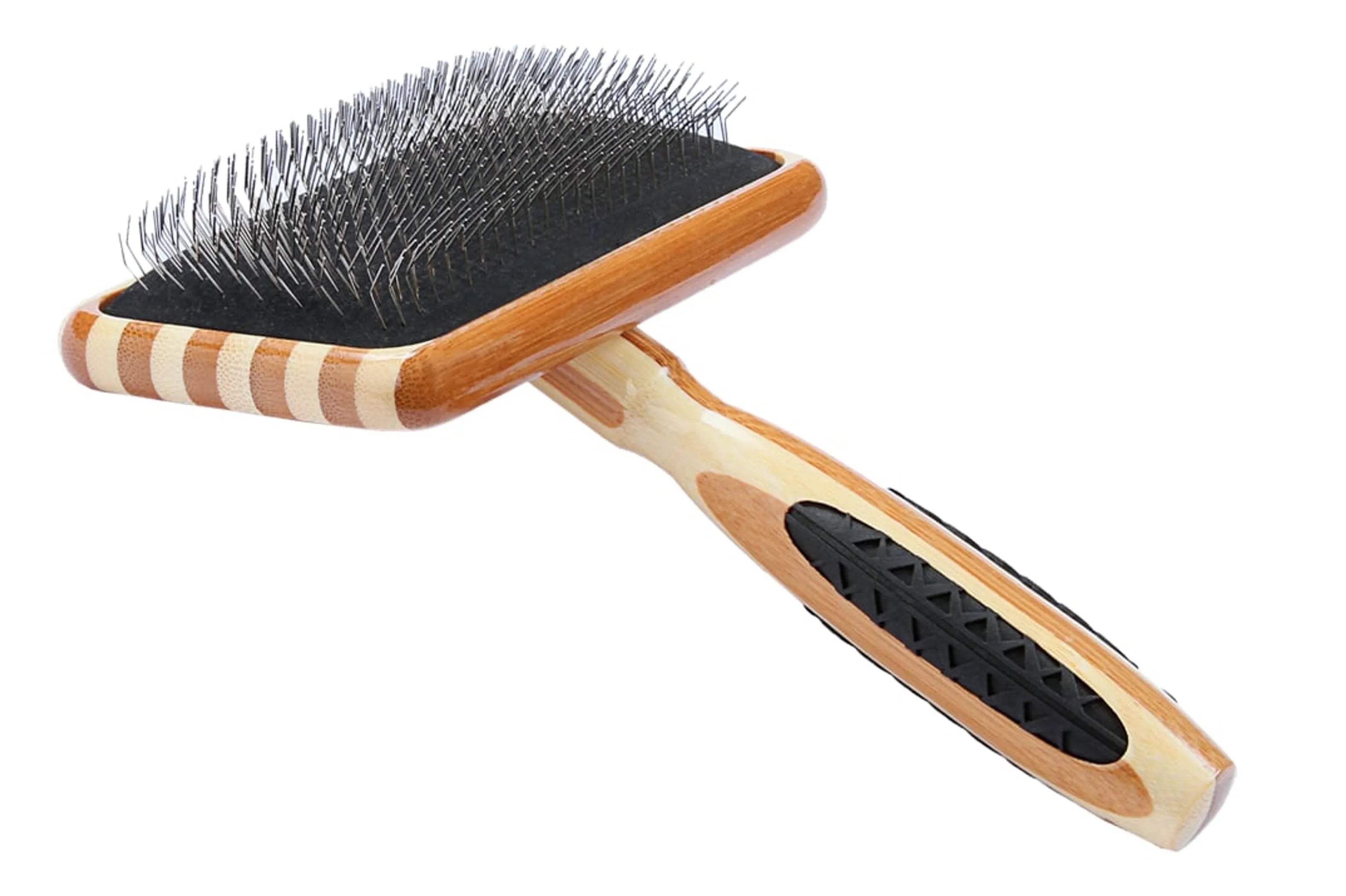 Pet grooming brush with wooden handle and wire bristles on a white background