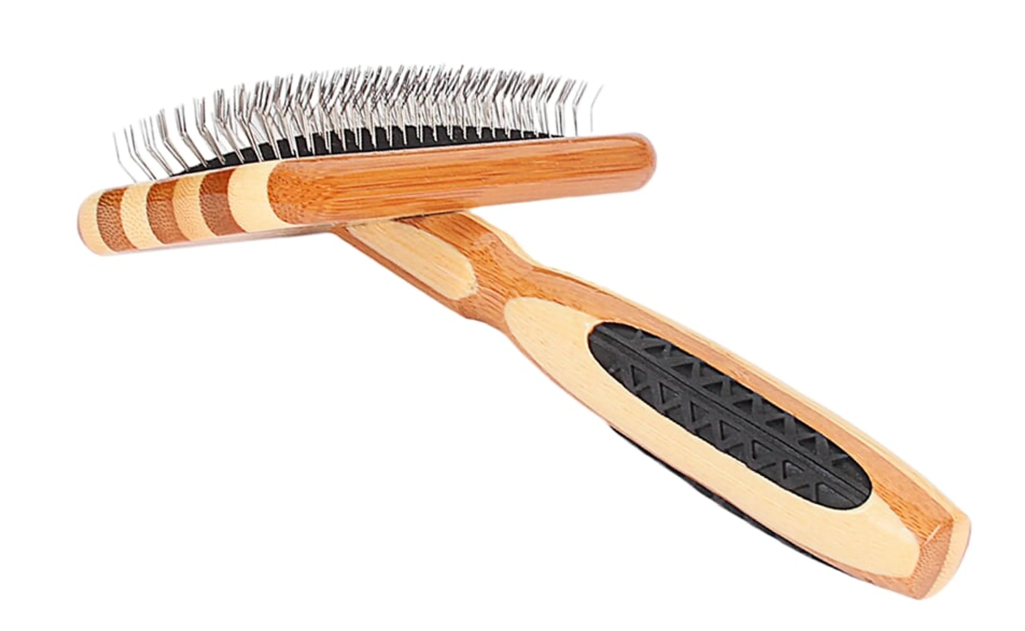 Wooden pet brush with black rubber handle on a white background