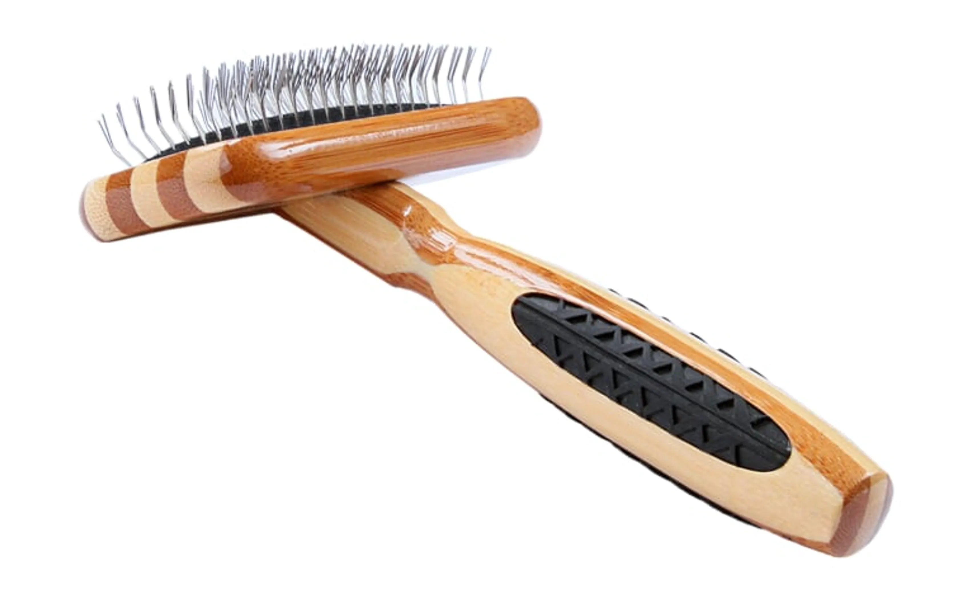 Two wooden pet brushes with metal bristles on a white background