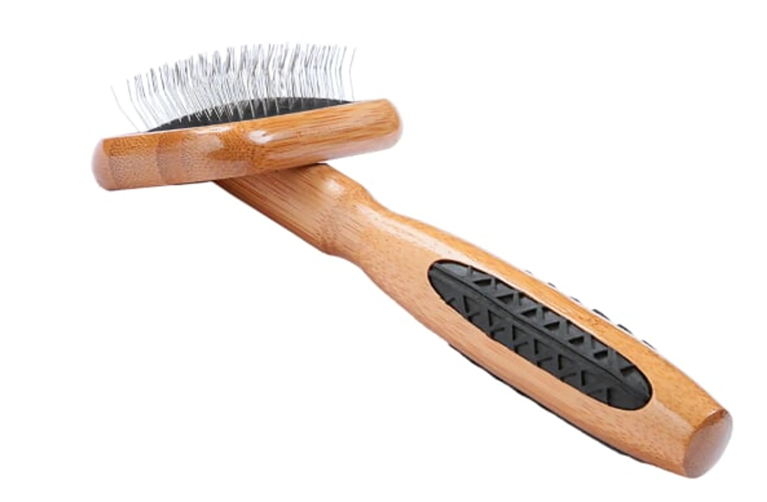 Pet grooming brush with wooden handle and metal bristles on a white background