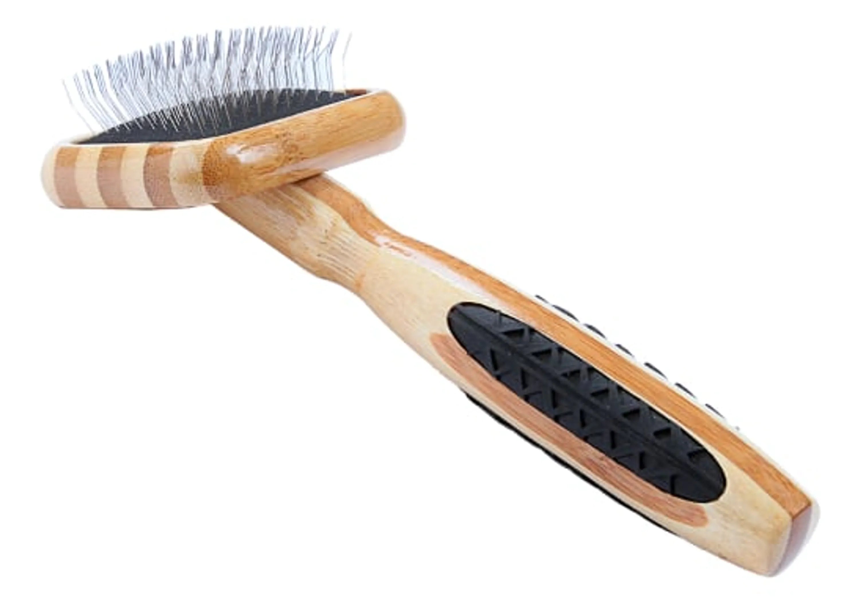 Wooden pet brush with black bristles on a white background