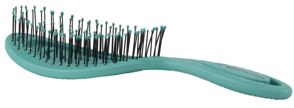 Teal hairbrush with black bristles on a white background